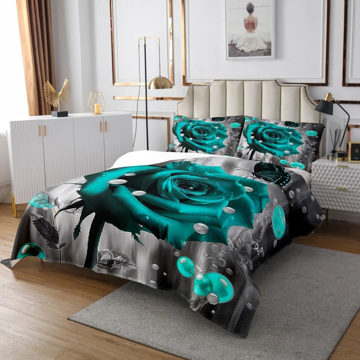 روتختی سه بعدی گل رز Homemissing Kids، سایز کینگ، طرح پروانه، مناسب پسران و دختران، طرح گل رز با قطره های شبنم، طرح رمانتیک گلدار