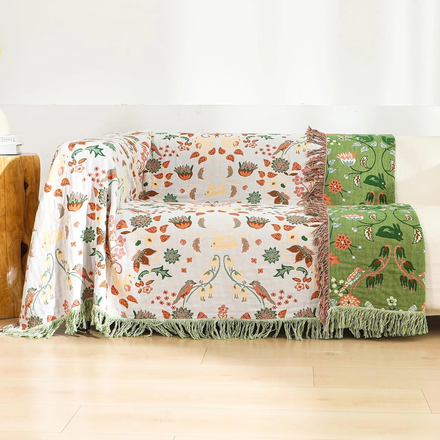 رو تختی دو طرفه نخی HOORDRY، سایز 200 در 230 سانتی متر، طرح سنجاب، پتوی تلویزیون، پتوی مبل، پتوی صندلی راحتی، روتختی، پتوی برگشت پذیر، رنگ سبز/سفید، نرم، لطیف و شیک