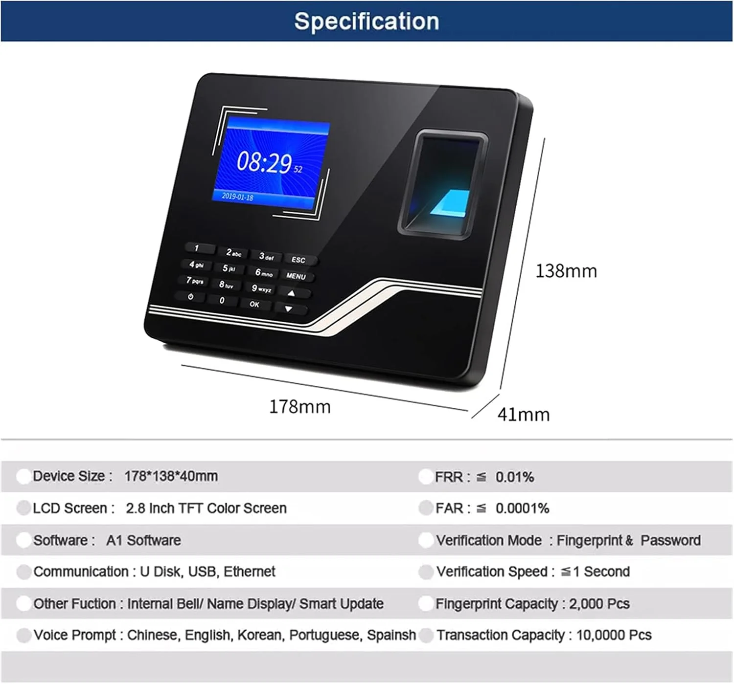 سیستم حضور و غیاب کارت ساعت WWART اثر انگشت USB کنترل دسترسی رمز عبور دستگاه ضبط کننده زمان کارمندان ساعت اداری دستگاه بیومتریک برای مشاغل کوچک (رنگ: با عملکرد کارت، اندازه: پرتغالی)