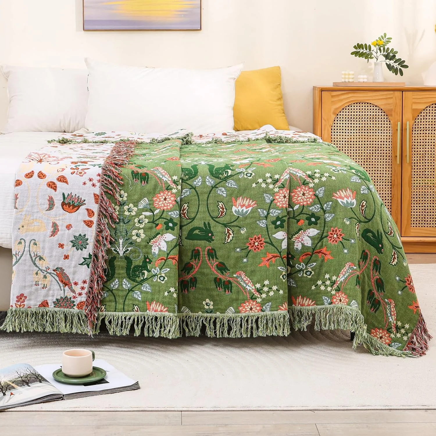 رو تختی دو طرفه نخی HOORDRY، سایز 200 در 230 سانتی متر، طرح سنجاب، پتوی تلویزیون، پتوی مبل، پتوی صندلی راحتی، روتختی، پتوی برگشت پذیر، رنگ سبز/سفید، نرم، لطیف و شیک