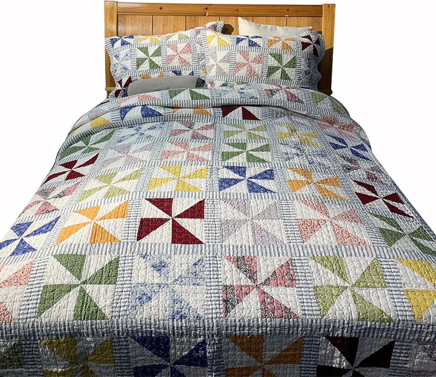 روتختی لحاف دار سایز کوئین و کینگ - تکه دوزی دست ساز، 100% پنبه، رو تختی لحافی، طرح های شیک آسیاب بادی چاپی، ست روتختی 3 تکه، پتوی چند منظوره با 2 روبالشی 50x70 سانتی متر، 218x218 سانتی متر