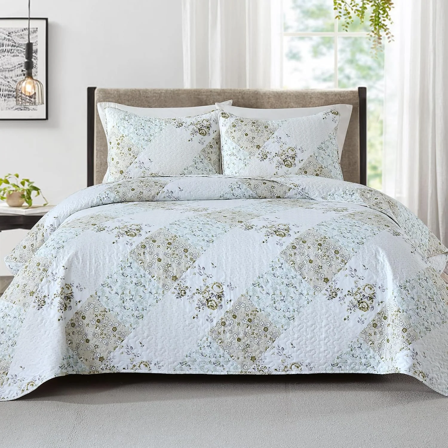 ست لحاف کینگ سایز HIARUO، ست روتختی 3 تکه طرح چهارخانه تکه دوزی شده گلدار، ست لحاف کینگ سایز مناسب خانه های روستایی، ست روتختی سبک وزن با 2 عدد رو بالشی، مناسب برای تمام فصول، سبز روشن