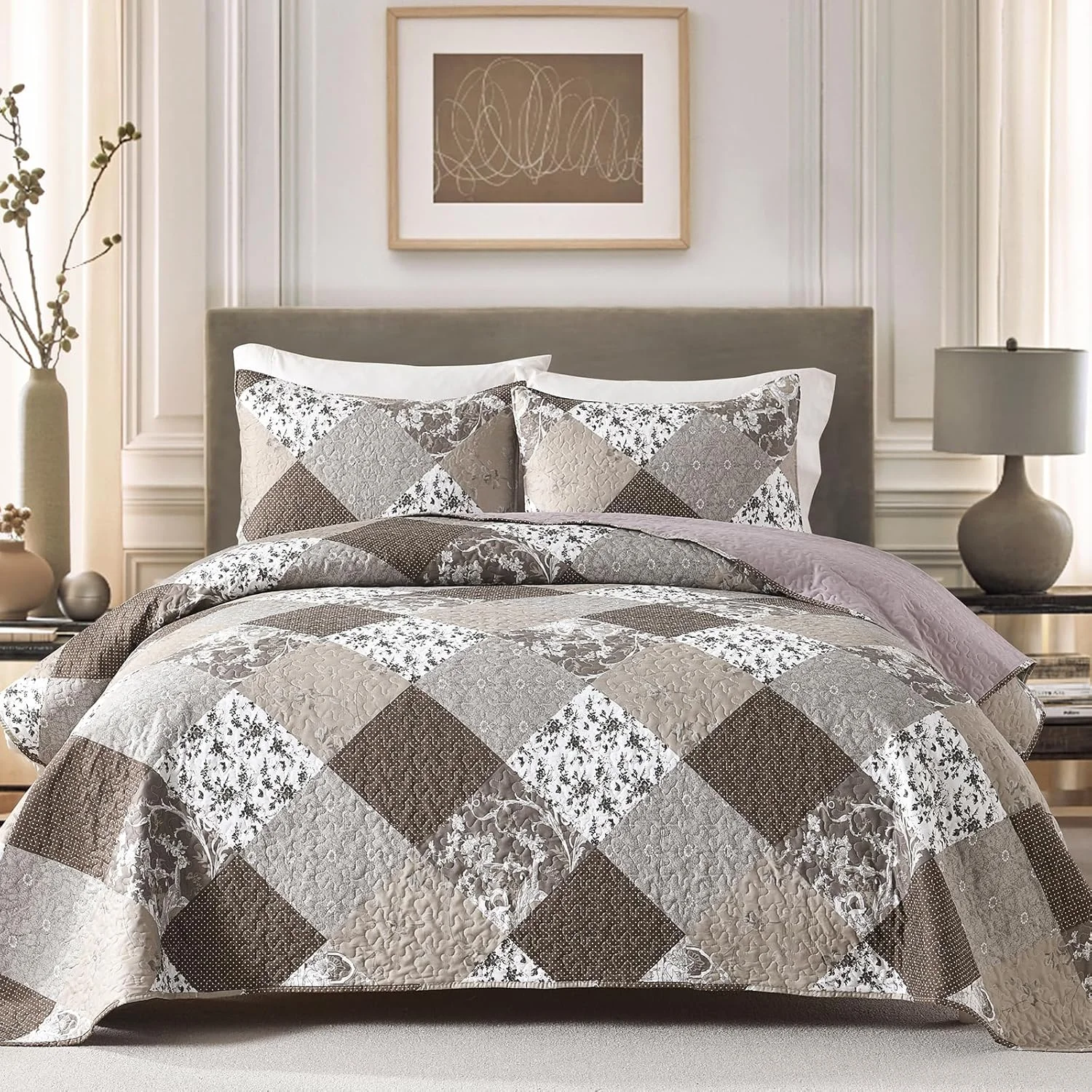 ست لحاف سه تکه HIARUO سایز کوئین، طرح گلدار تکه دوزی شده، روتختی، رو تختی چهارخانه بوهمی، لحاف سبک وزن دو رو، مناسب برای تمام فصول، قهوه ای، به همراه 2 عدد رو بالشی