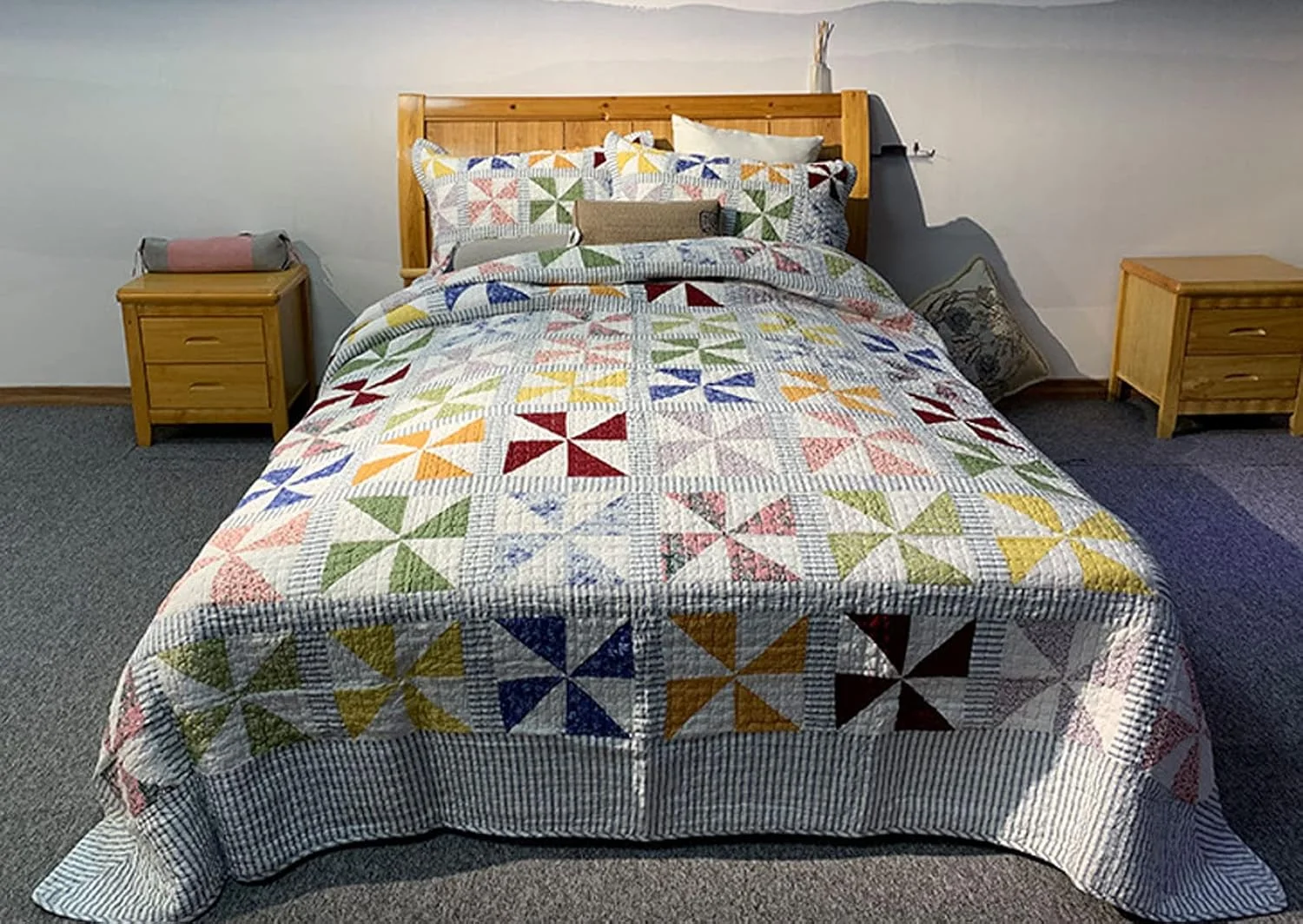 روتختی لحاف دار سایز کوئین و کینگ - تکه دوزی دست ساز، 100% پنبه، رو تختی لحافی، طرح های شیک آسیاب بادی چاپی، ست روتختی 3 تکه، پتوی چند منظوره با 2 روبالشی 50x70 سانتی متر، 218x218 سانتی متر