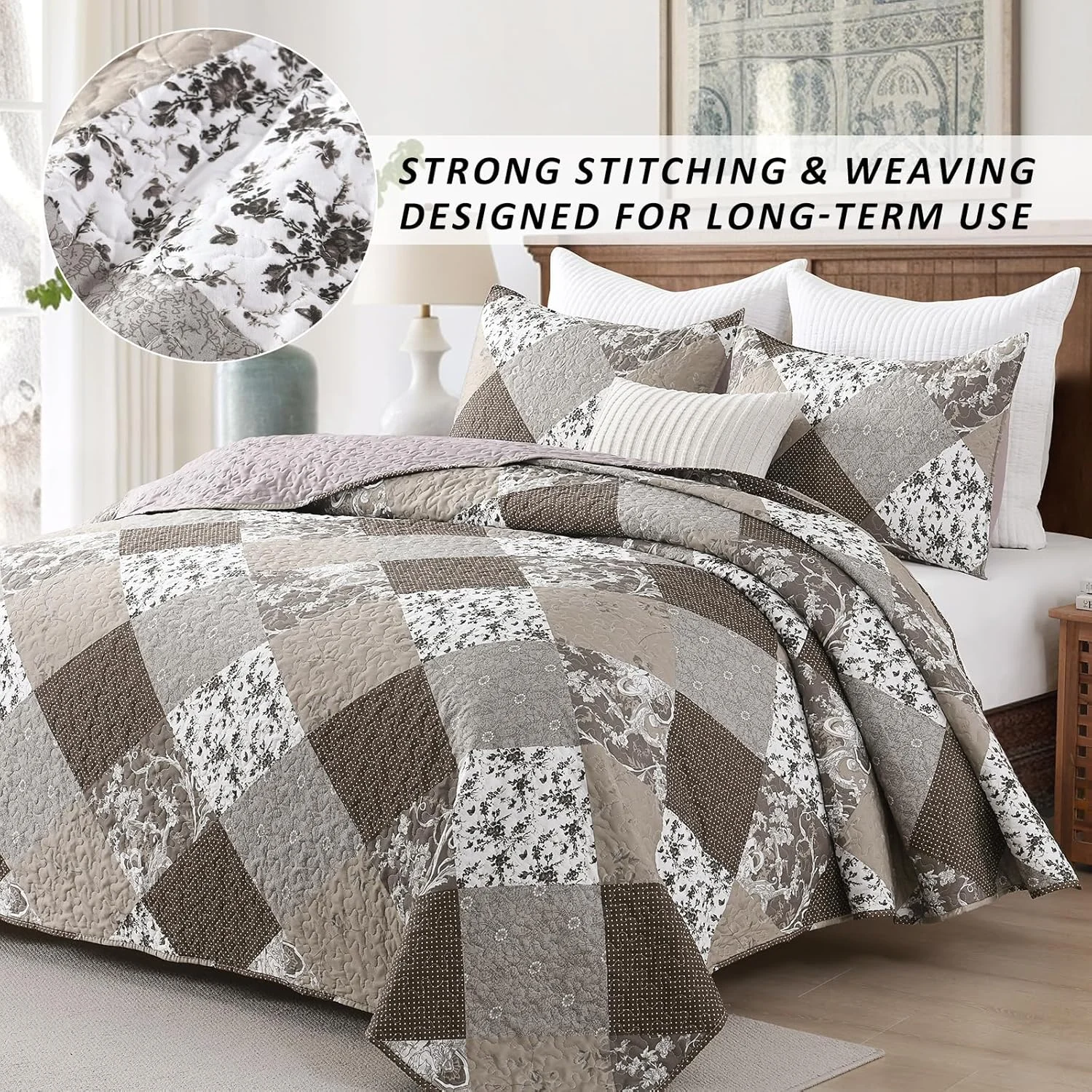 ست لحاف سه تکه HIARUO سایز کوئین، طرح گلدار تکه دوزی شده، روتختی، رو تختی چهارخانه بوهمی، لحاف سبک وزن دو رو، مناسب برای تمام فصول، قهوه ای، به همراه 2 عدد رو بالشی