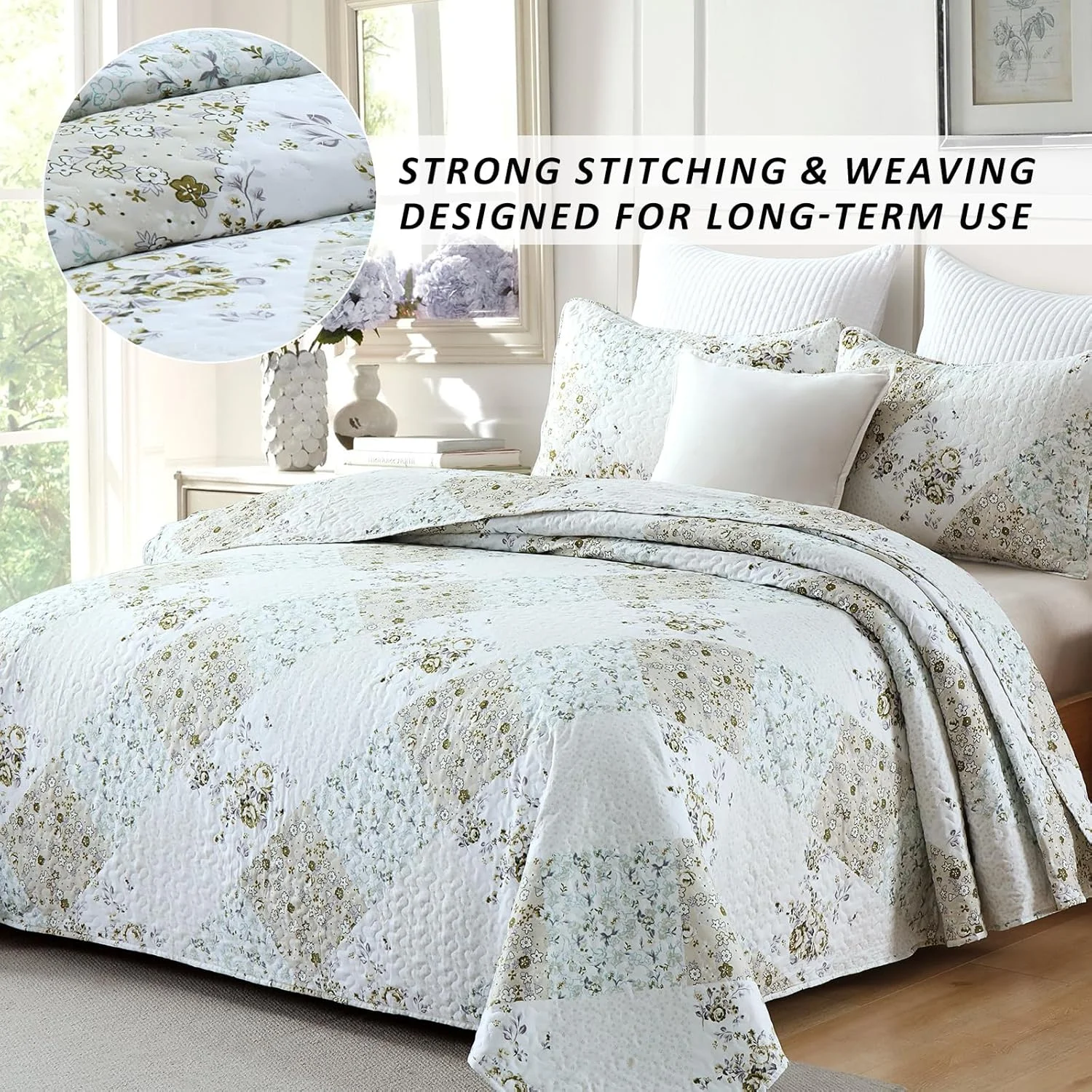 ست لحاف یک نفره HIARUO، ست روتختی دو تکه طرح چهارخانه، لحاف تکه دوزی شده، ست لحاف سبک وزن مناسب تمام فصول با یک روبالشی، سبز روشن