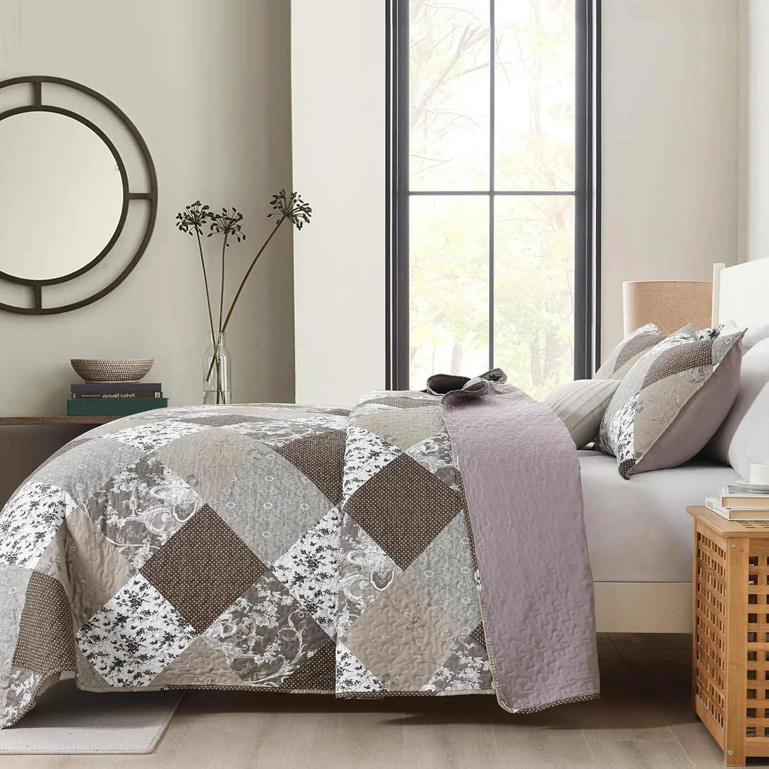 ست لحاف سه تکه HIARUO سایز کوئین، طرح گلدار تکه دوزی شده، روتختی، رو تختی چهارخانه بوهمی، لحاف سبک وزن دو رو، مناسب برای تمام فصول، قهوه ای، به همراه 2 عدد رو بالشی
