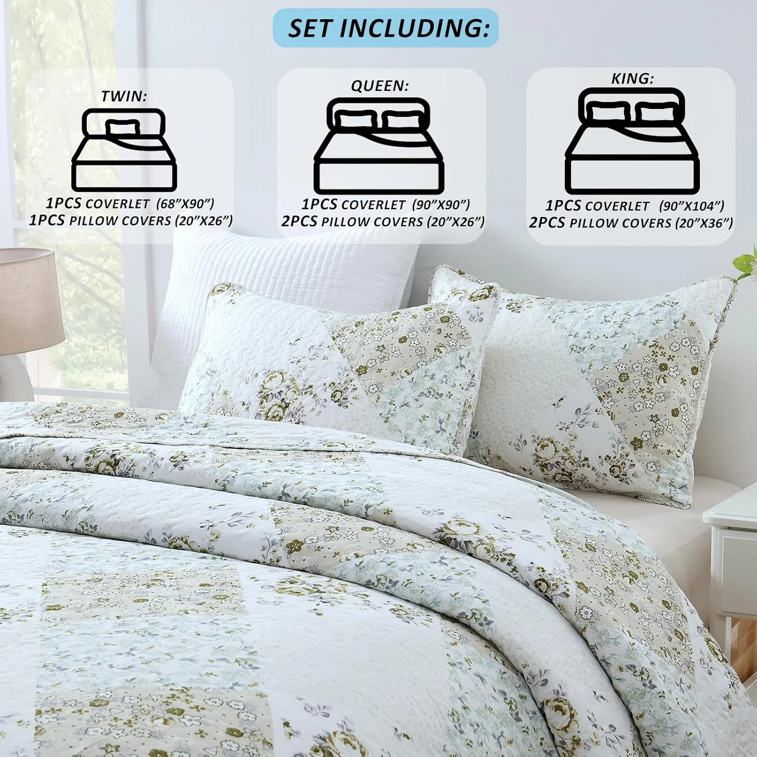 ست لحاف کینگ سایز HIARUO، ست روتختی 3 تکه طرح چهارخانه تکه دوزی شده گلدار، ست لحاف کینگ سایز مناسب خانه های روستایی، ست روتختی سبک وزن با 2 عدد رو بالشی، مناسب برای تمام فصول، سبز روشن