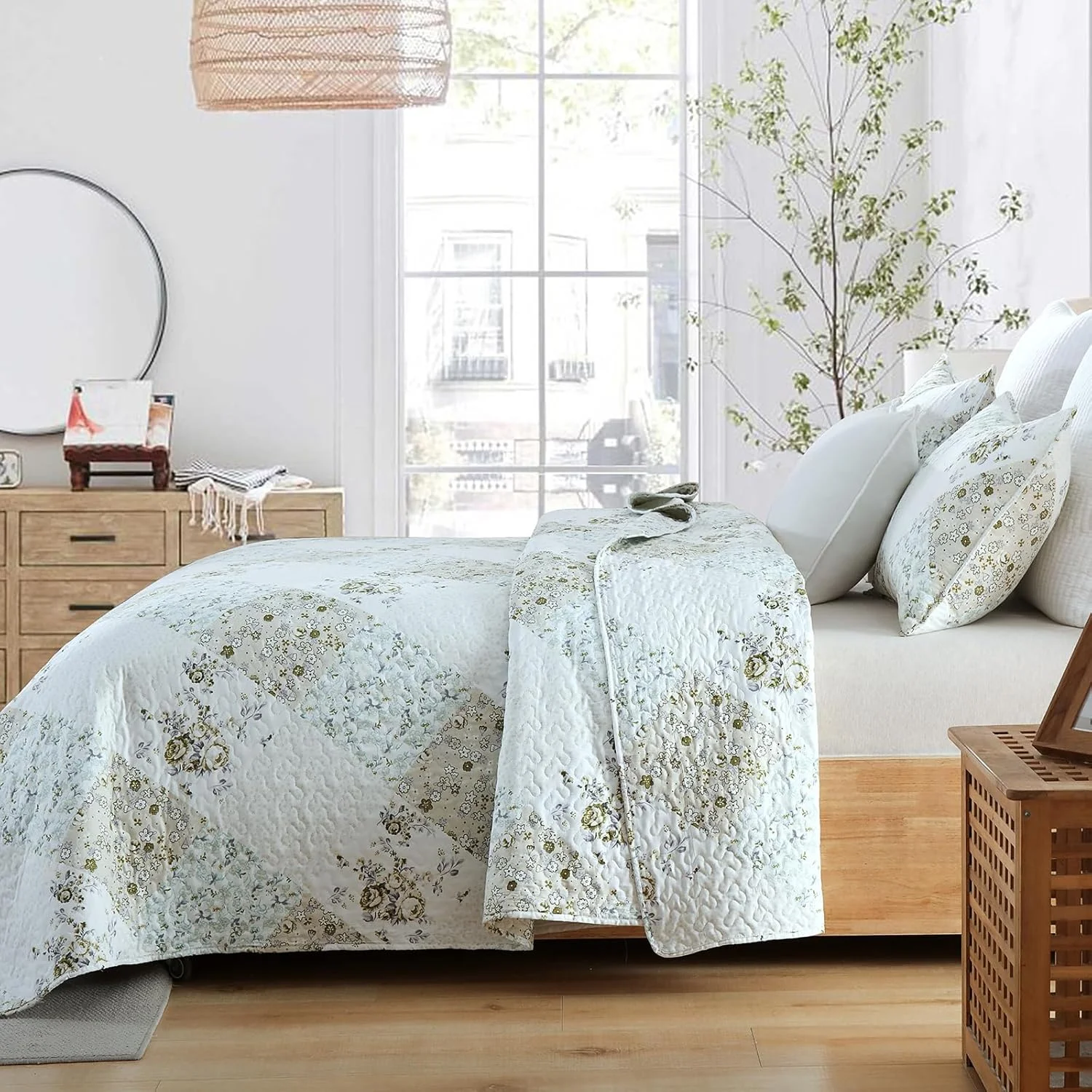 ست لحاف یک نفره HIARUO، ست روتختی دو تکه طرح چهارخانه، لحاف تکه دوزی شده، ست لحاف سبک وزن مناسب تمام فصول با یک روبالشی، سبز روشن