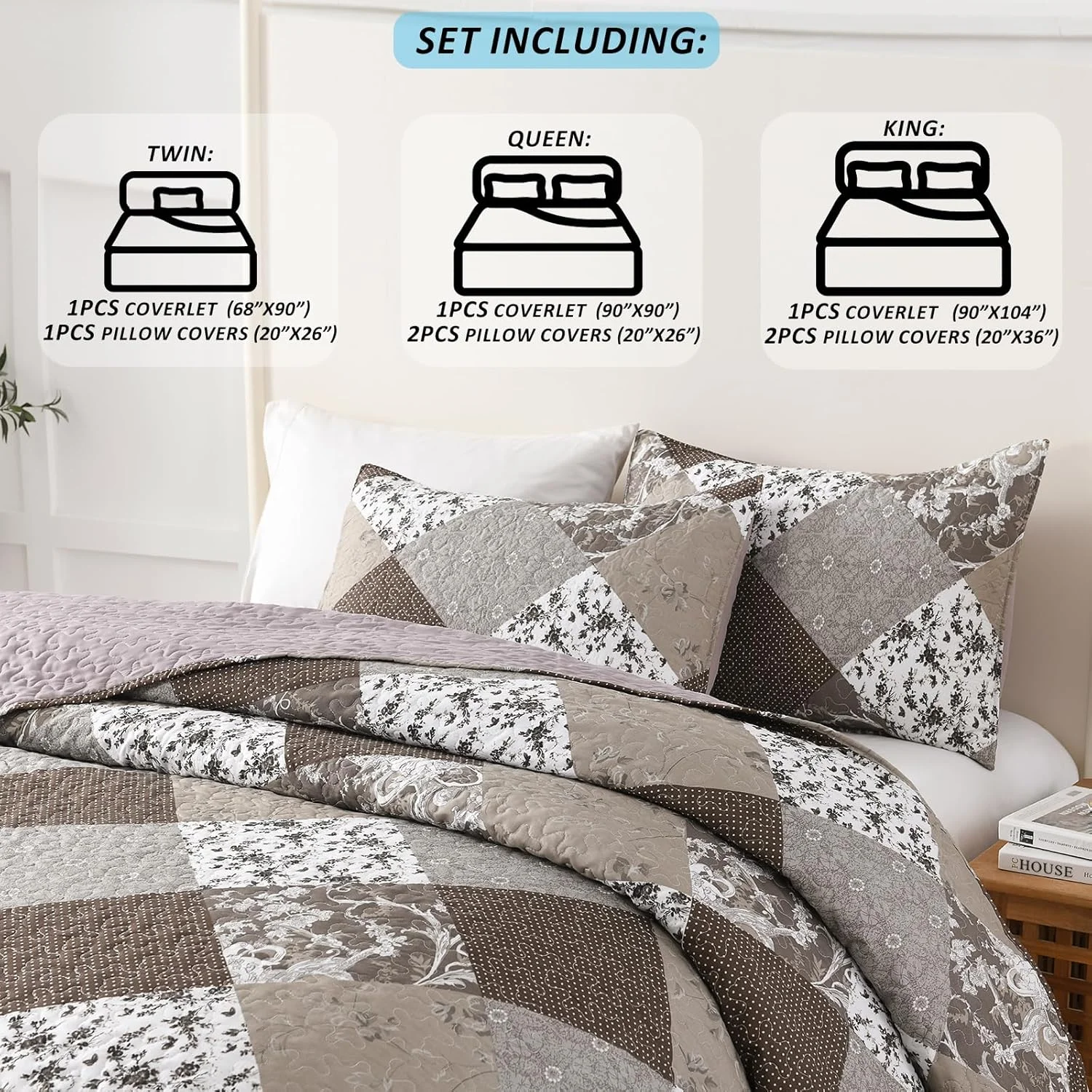 ست لحاف سه تکه HIARUO سایز کوئین، طرح گلدار تکه دوزی شده، روتختی، رو تختی چهارخانه بوهمی، لحاف سبک وزن دو رو، مناسب برای تمام فصول، قهوه ای، به همراه 2 عدد رو بالشی