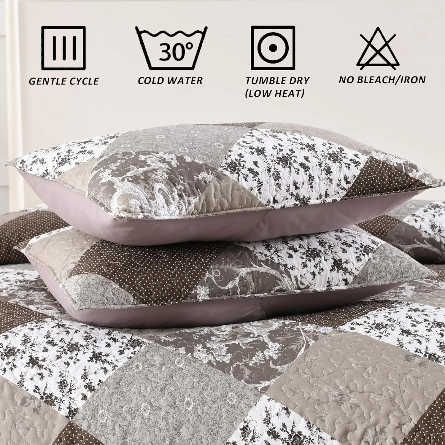 ست لحاف سه تکه HIARUO سایز کوئین، طرح گلدار تکه دوزی شده، روتختی، رو تختی چهارخانه بوهمی، لحاف سبک وزن دو رو، مناسب برای تمام فصول، قهوه ای، به همراه 2 عدد رو بالشی