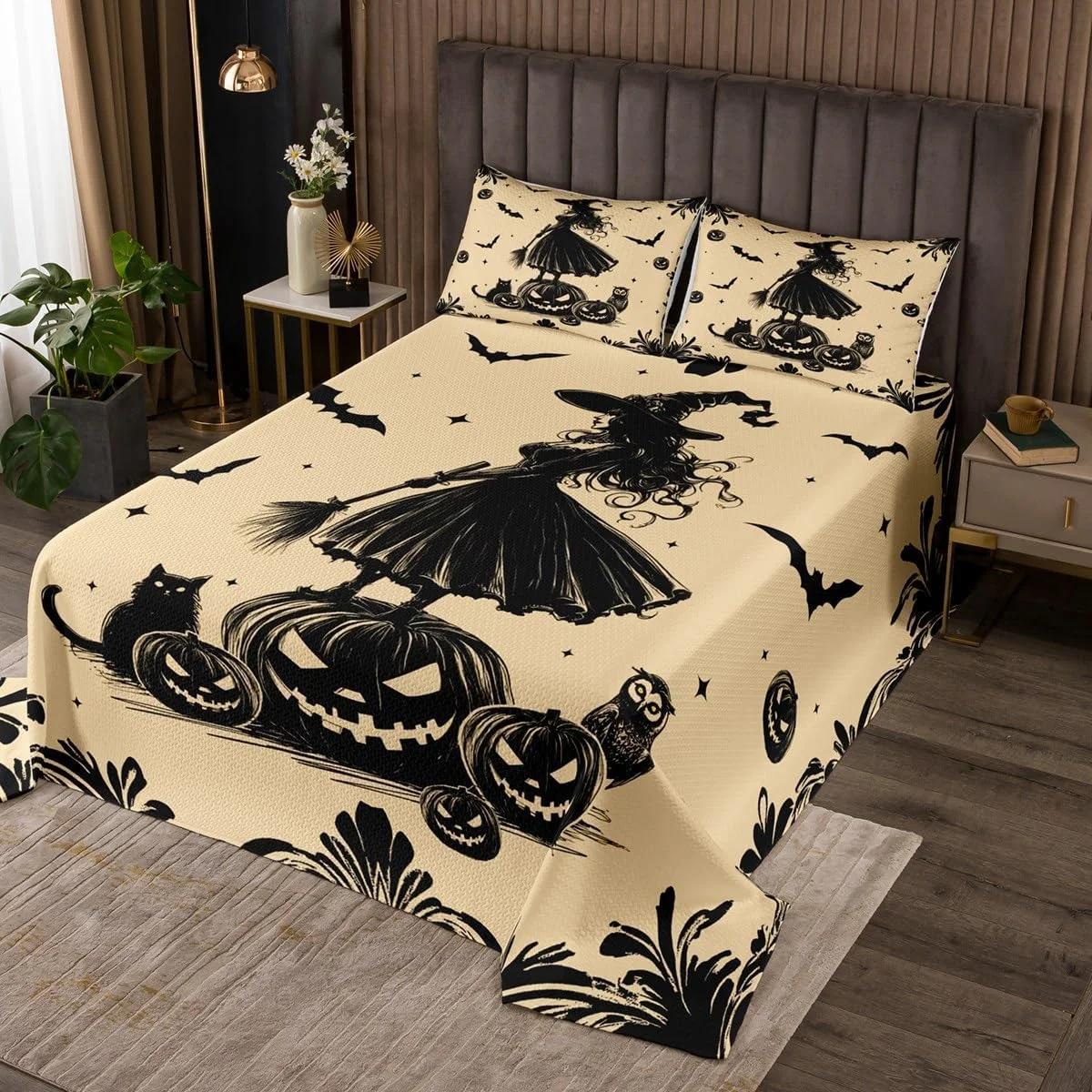 روتختی طرح هالووین شاد کودکانه سایز کوئین، طرح جادوگر، خفاش، کدو تنبل، گربه کارتونی، ست رو تختی سه بعدی، دکور اتاق دخترانه پسرانه، برگ، جغد، رو تختی لحافی گوتیک غربی، لحاف روتختی شیک مشکی، 2 روبالشتی