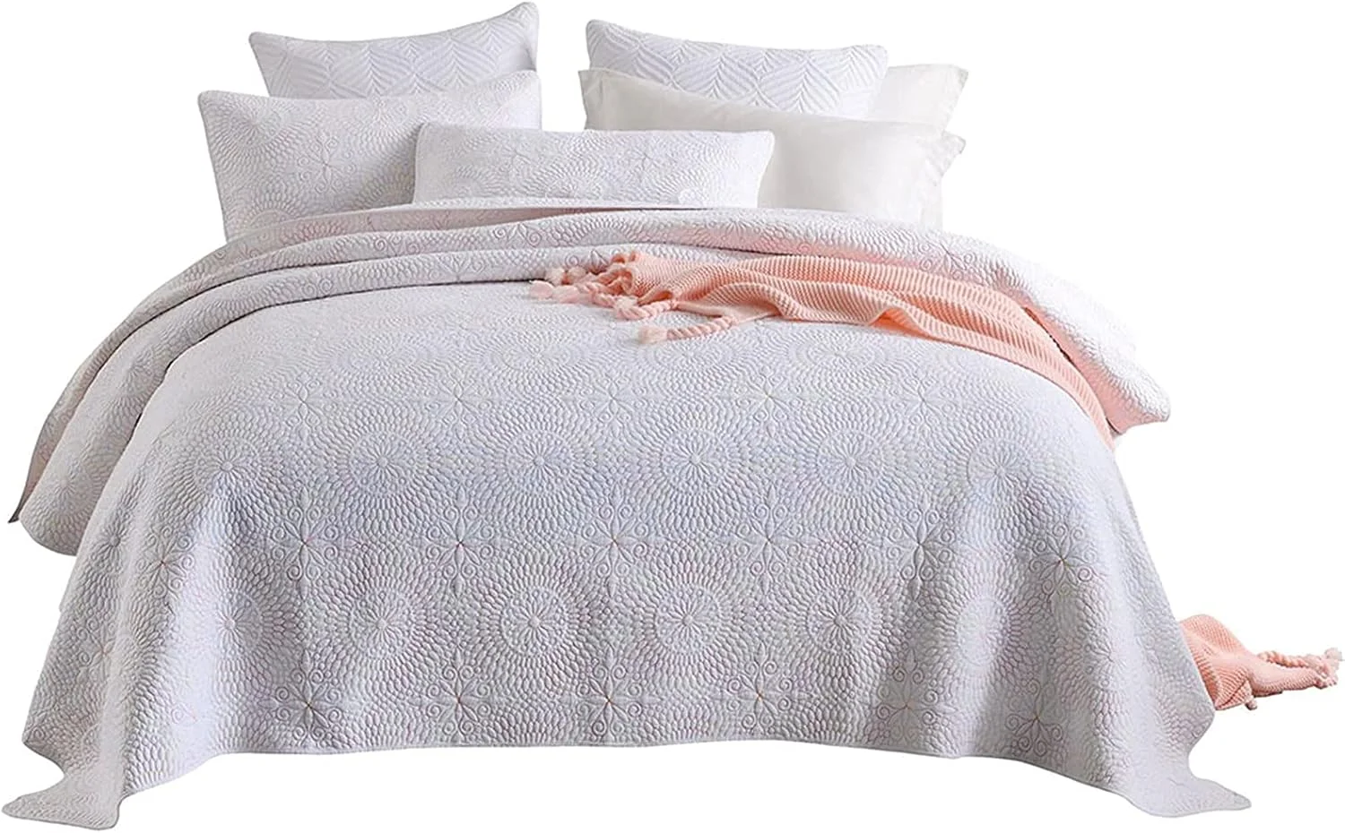 ست روتختی سه تکه زیبا با طرح گلدوزی مکرومه سفید، روتختی لحافی با دو روبالشی، قابل شستشو، 230x250 سانتی متر