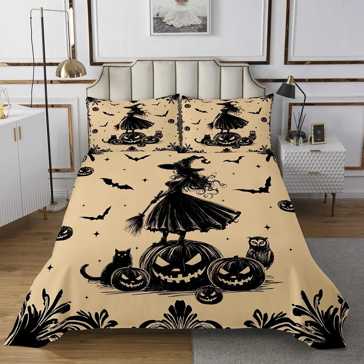 روتختی طرح هالووین شاد کودکانه سایز کوئین، طرح جادوگر، خفاش، کدو تنبل، گربه کارتونی، ست رو تختی سه بعدی، دکور اتاق دخترانه پسرانه، برگ، جغد، رو تختی لحافی گوتیک غربی، لحاف روتختی شیک مشکی، 2 روبالشتی