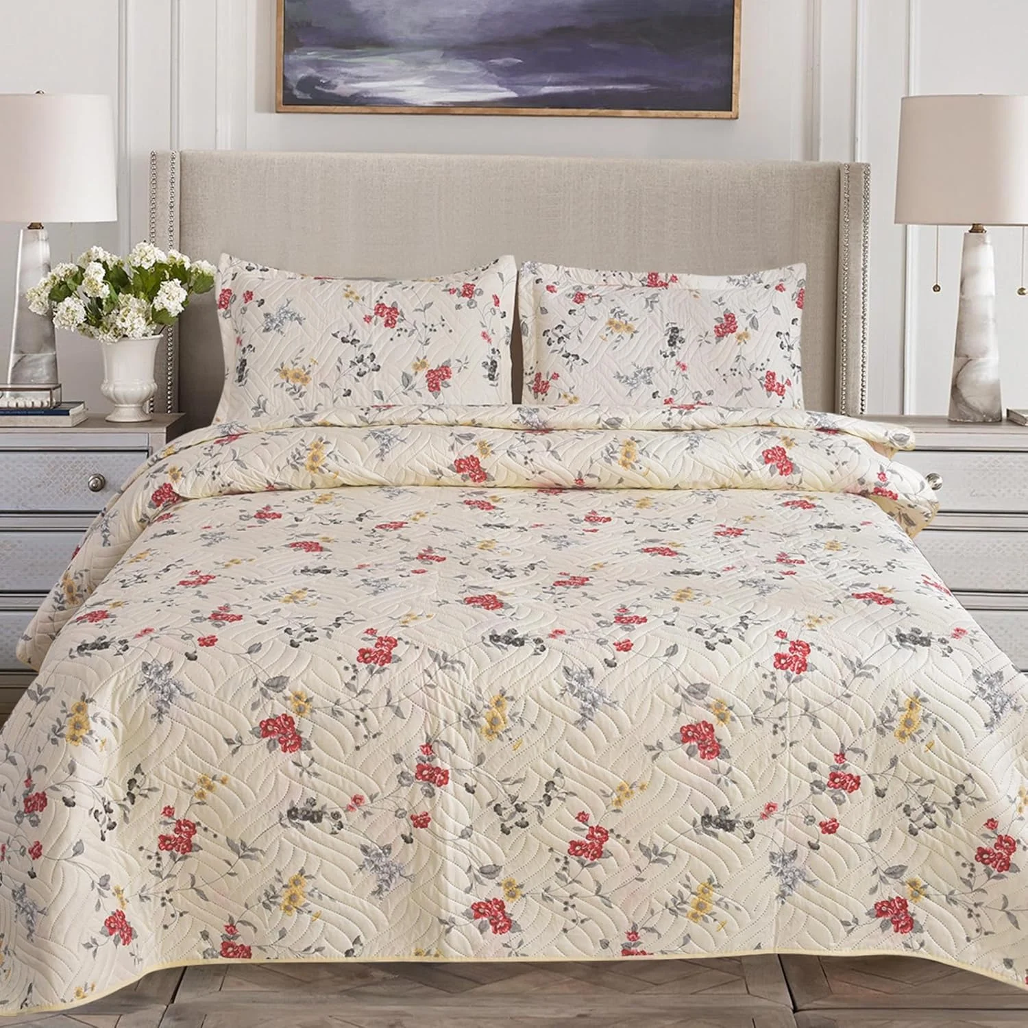 روتختی تکه دوزی سه تکه هادی لندن با 2 روبالشتی | طرح گلدار دو رو | لحاف سبک و راحت | مناسب برای تخت های دو نفره و کینگ سایز 220x240 سانتی متر | 30 طرح منحصر به فرد (MILAN-106)