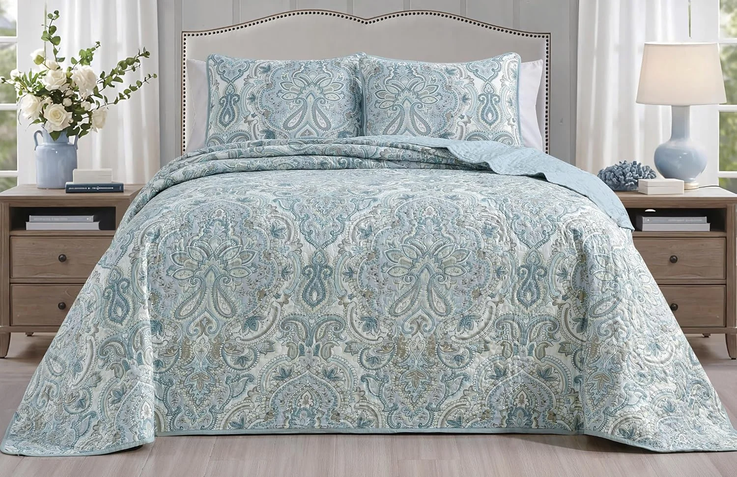 روتختی سه تکه طرح چاپی بزرگ Grand Linen (300x241 سانتی متر) دو رو، مناسب تخت کالیفرنیا کینگ سایز (آبی روشن، خاکستری، طرح بته جقه)