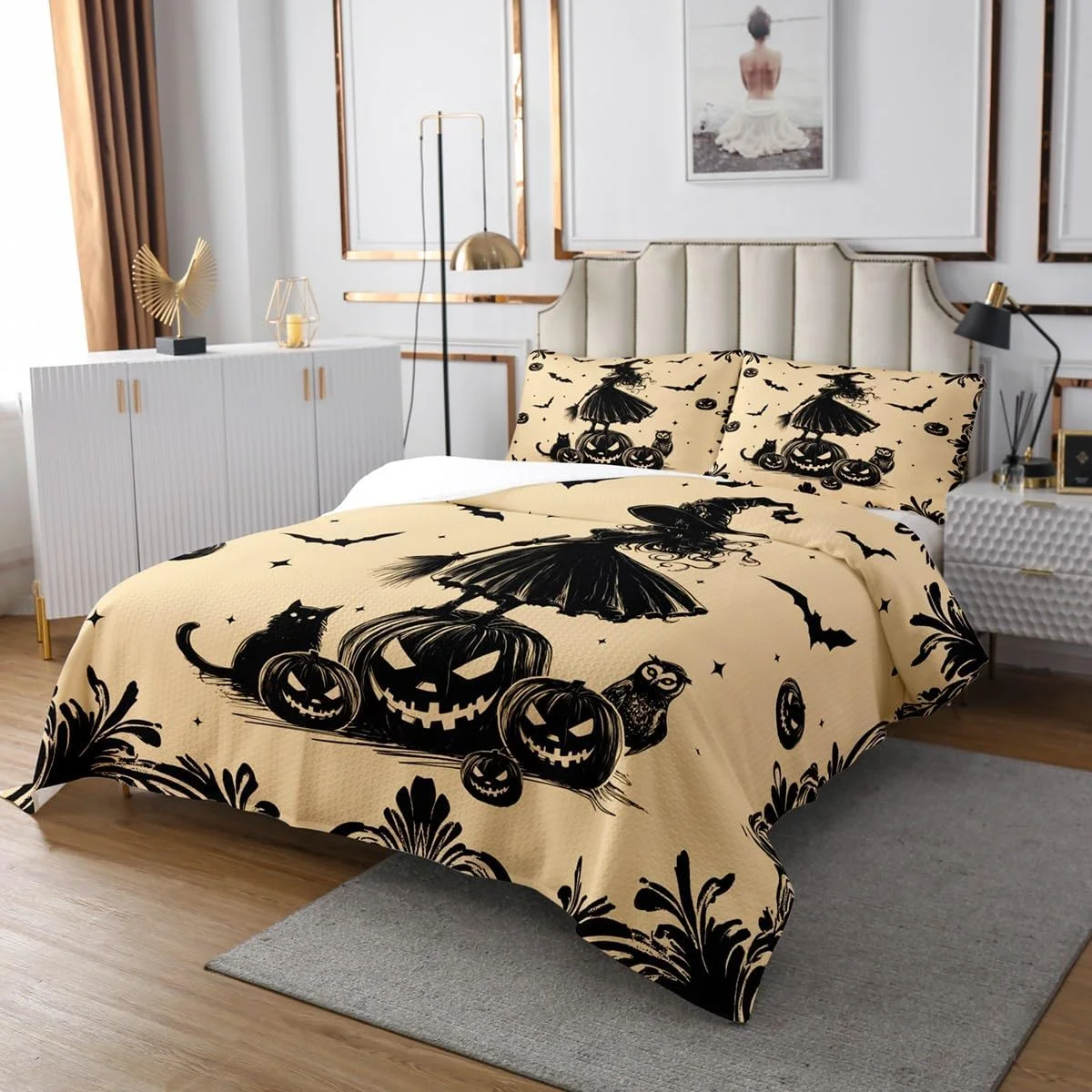 روتختی طرح هالووین شاد کودکانه سایز کوئین، طرح جادوگر، خفاش، کدو تنبل، گربه کارتونی، ست رو تختی سه بعدی، دکور اتاق دخترانه پسرانه، برگ، جغد، رو تختی لحافی گوتیک غربی، لحاف روتختی شیک مشکی، 2 روبالشتی