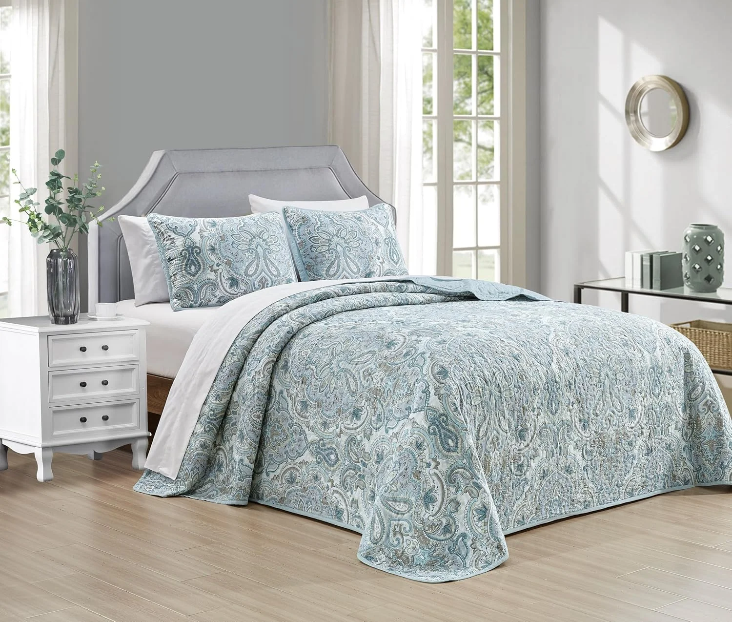 روتختی سه تکه طرح چاپی بزرگ Grand Linen (300x241 سانتی متر) دو رو، مناسب تخت کالیفرنیا کینگ سایز (آبی روشن، خاکستری، طرح بته جقه)