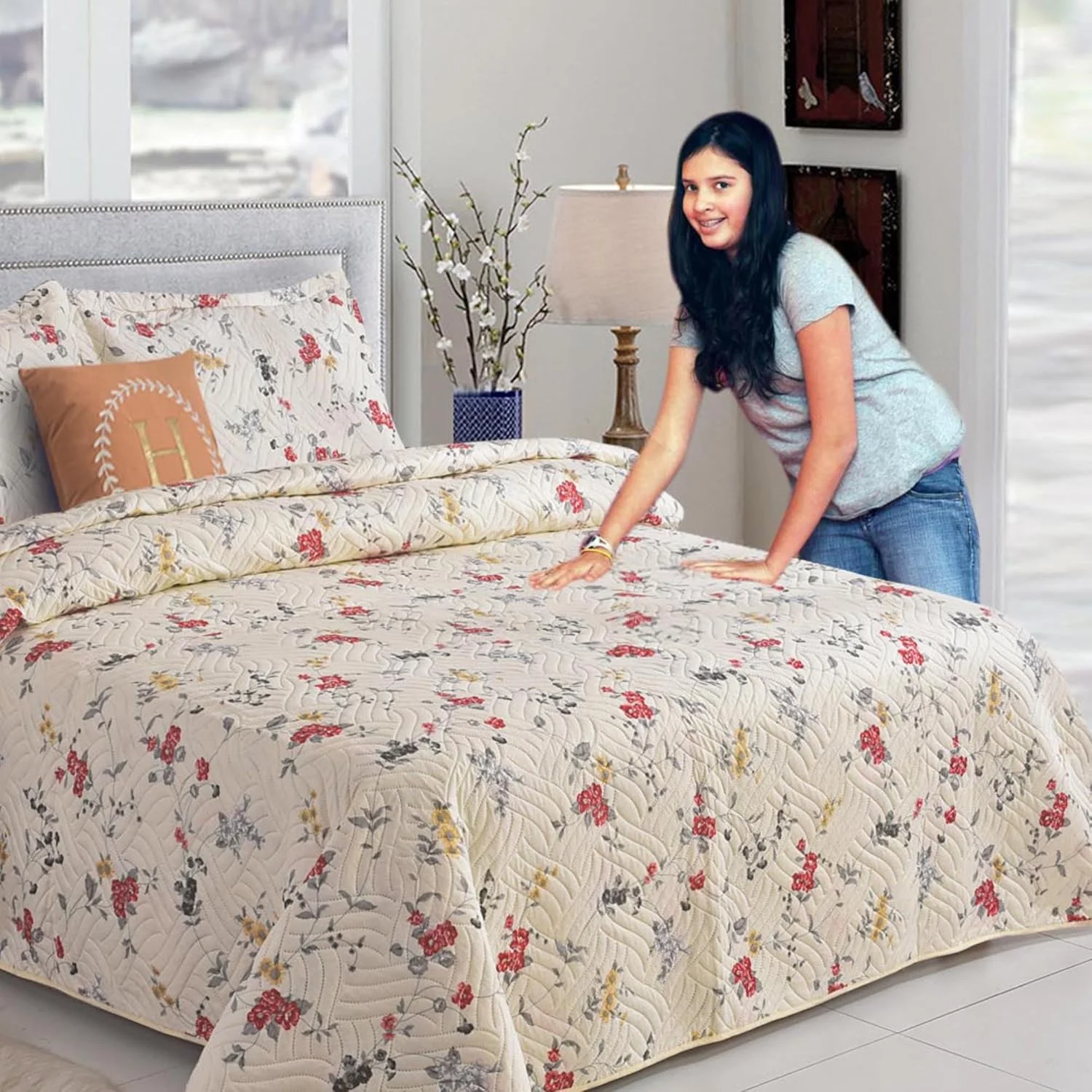 روتختی تکه دوزی سه تکه هادی لندن با 2 روبالشتی | طرح گلدار دو رو | لحاف سبک و راحت | مناسب برای تخت های دو نفره و کینگ سایز 220x240 سانتی متر | 30 طرح منحصر به فرد (MILAN-106)