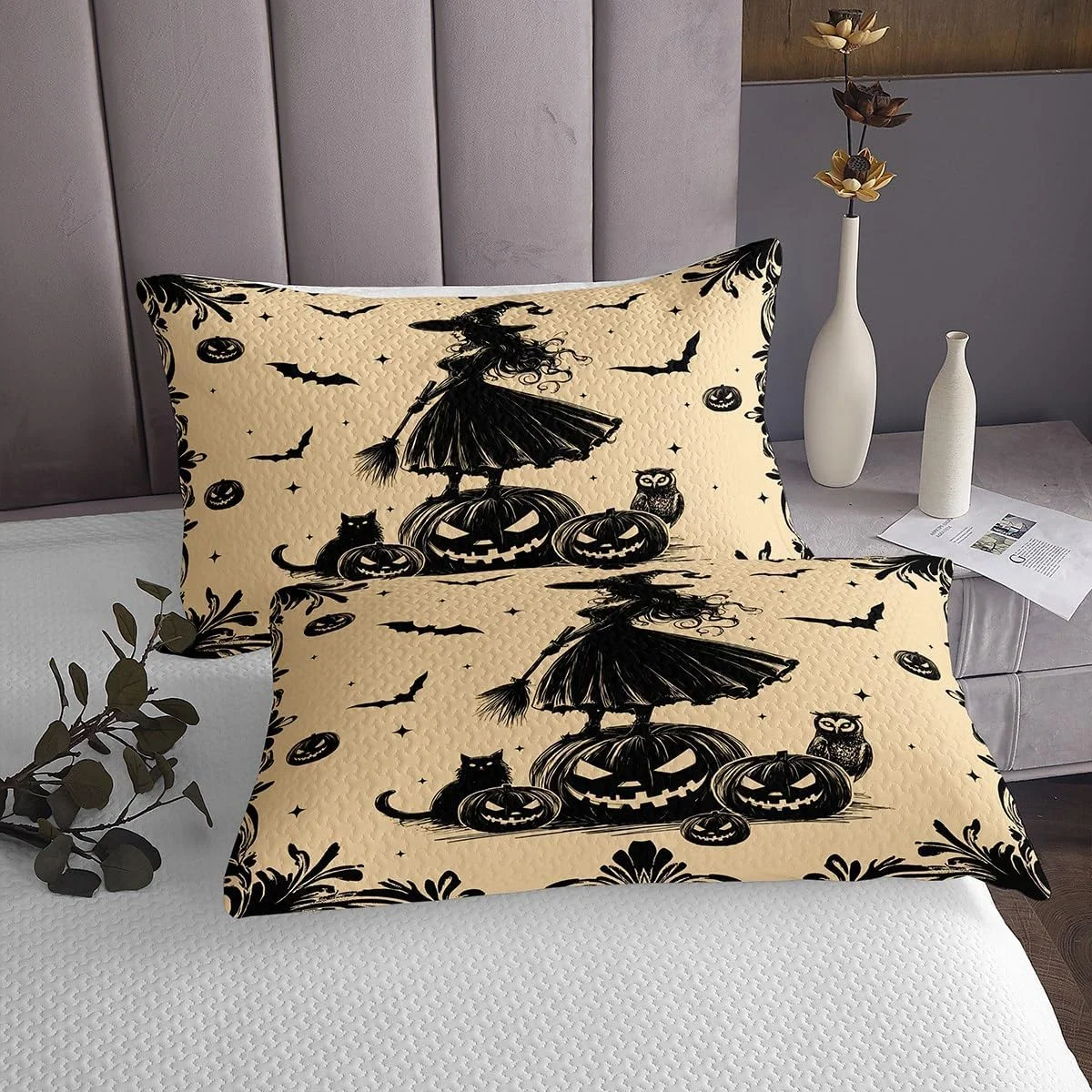 روتختی طرح هالووین شاد کودکانه سایز کوئین، طرح جادوگر، خفاش، کدو تنبل، گربه کارتونی، ست رو تختی سه بعدی، دکور اتاق دخترانه پسرانه، برگ، جغد، رو تختی لحافی گوتیک غربی، لحاف روتختی شیک مشکی، 2 روبالشتی