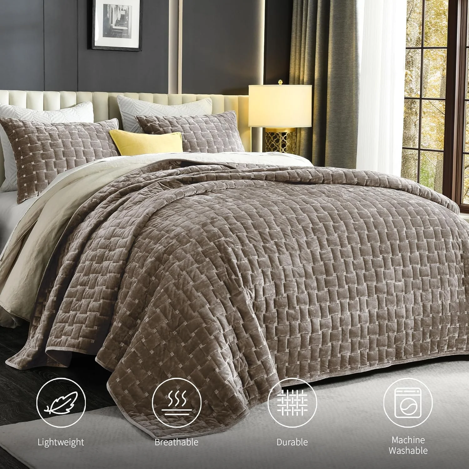 ست لحاف مخملی لوکس Grassix سایز کینگ، 3 تکه لحاف مخملی سبک وزن با روبالشتی، روتختی طرح دار هندسی مناسب تمام فصول، قهوه ای موکا، 274x244 سانتی متر