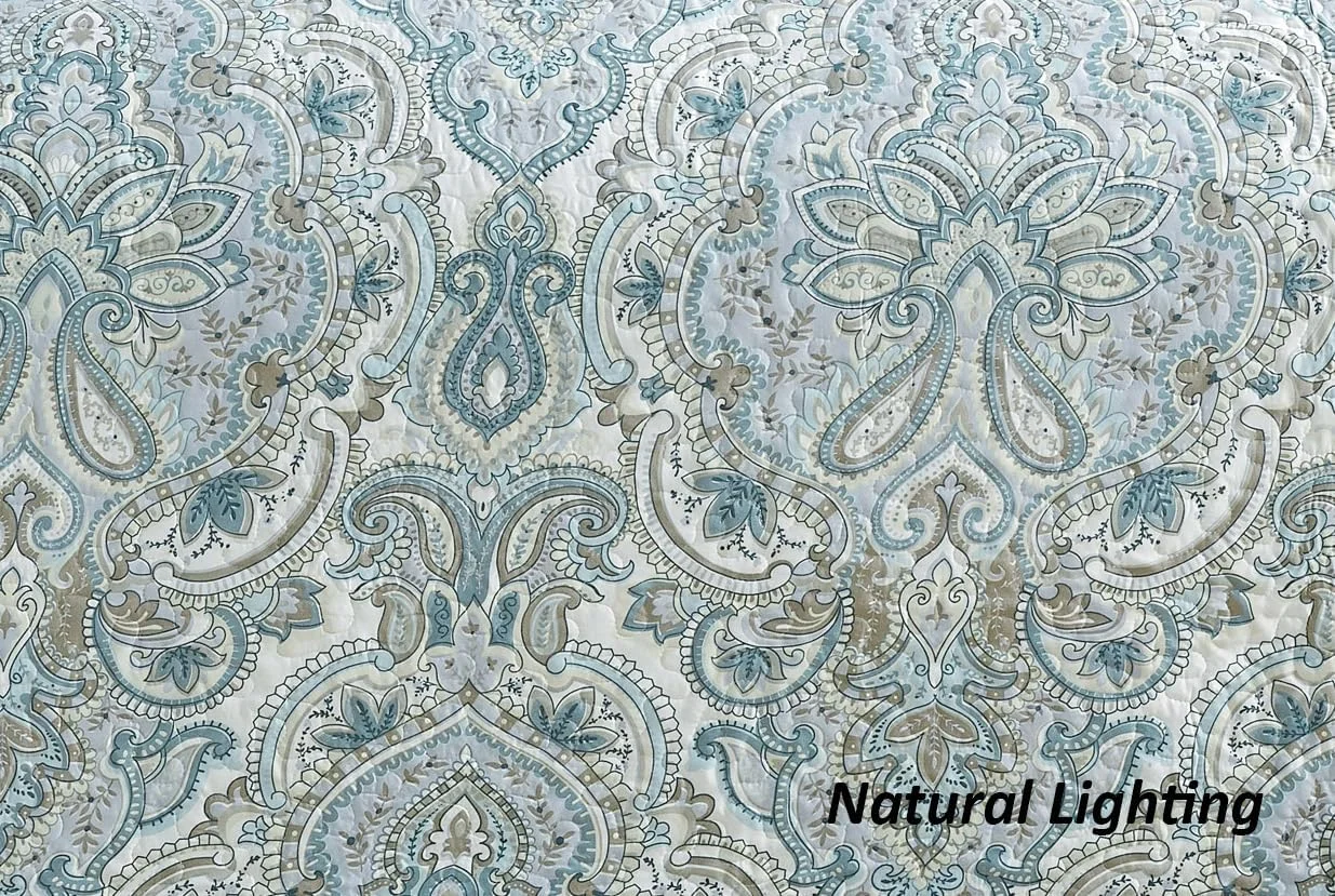 روتختی سه تکه طرح چاپی بزرگ Grand Linen (300x241 سانتی متر) دو رو، مناسب تخت کالیفرنیا کینگ سایز (آبی روشن، خاکستری، طرح بته جقه)