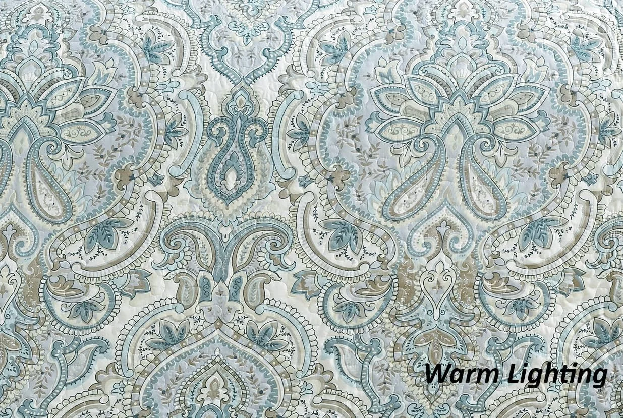 روتختی سه تکه طرح چاپی بزرگ Grand Linen (300x241 سانتی متر) دو رو، مناسب تخت کالیفرنیا کینگ سایز (آبی روشن، خاکستری، طرح بته جقه)