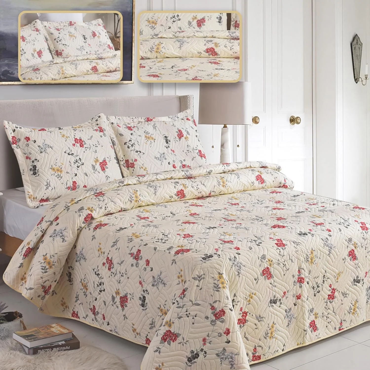 روتختی تکه دوزی سه تکه هادی لندن با 2 روبالشتی | طرح گلدار دو رو | لحاف سبک و راحت | مناسب برای تخت های دو نفره و کینگ سایز 220x240 سانتی متر | 30 طرح منحصر به فرد (MILAN-106)