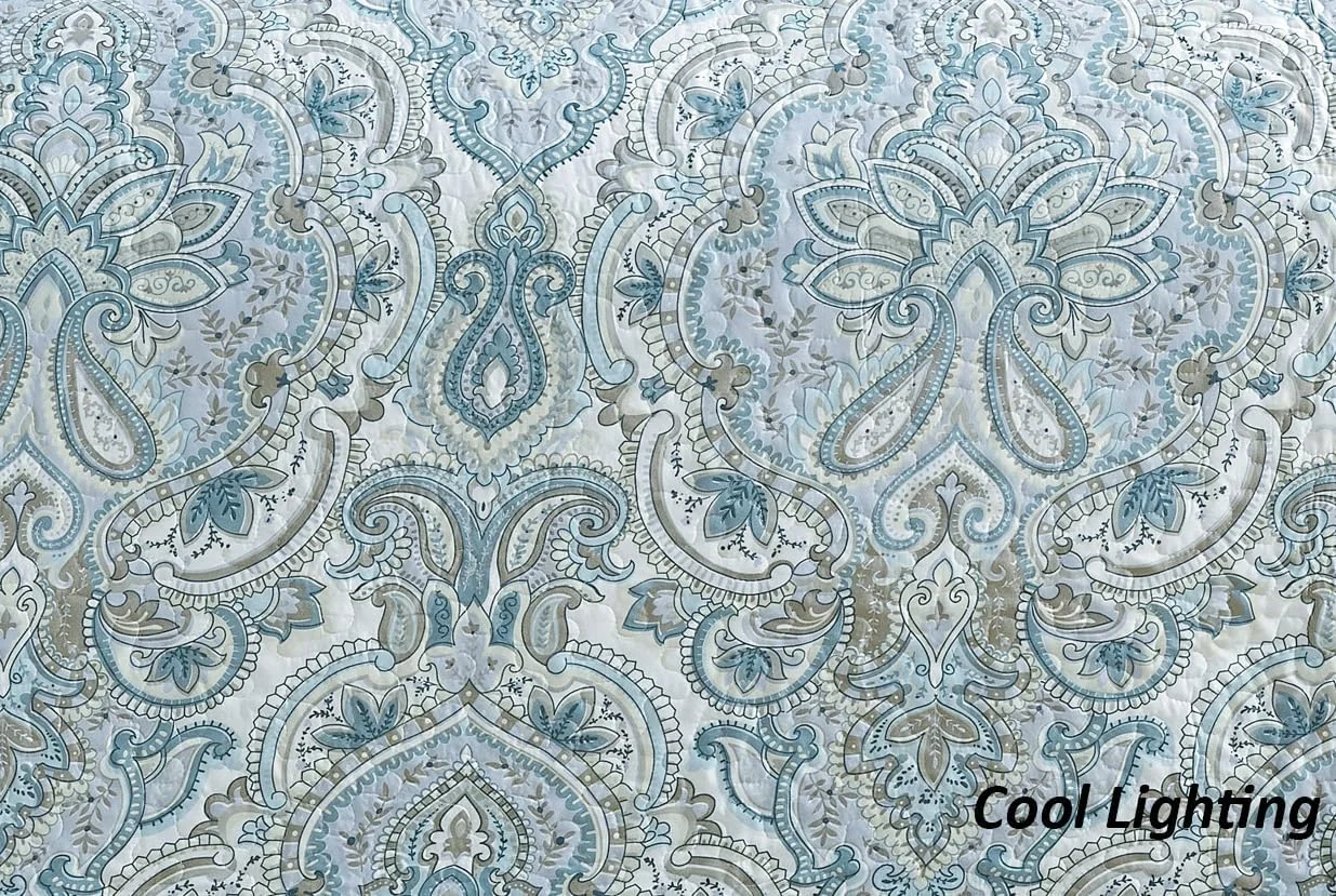 روتختی سه تکه طرح چاپی بزرگ Grand Linen (300x241 سانتی متر) دو رو، مناسب تخت کالیفرنیا کینگ سایز (آبی روشن، خاکستری، طرح بته جقه)