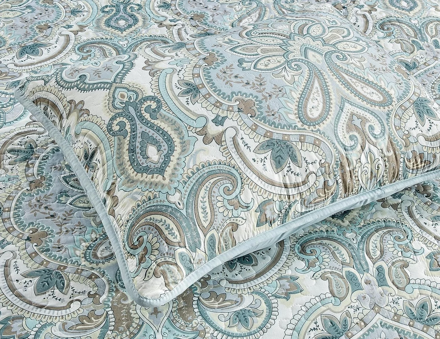 روتختی سه تکه طرح چاپی بزرگ Grand Linen (300x241 سانتی متر) دو رو، مناسب تخت کالیفرنیا کینگ سایز (آبی روشن، خاکستری، طرح بته جقه)