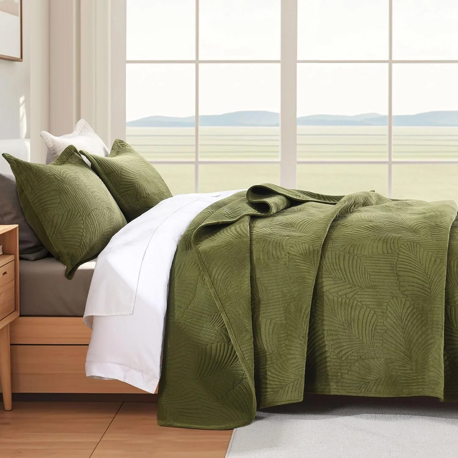 ست لحاف مخملی گرسیکس سایز کینگ، ست روتختی سبک وزن تابستانی 3 تکه، روتختی زیتونی سبز نرم لوکس با 2 روبالشی، رو تختی اولتراسونیک قابل تنفس برای تخت، مناسب تمام فصول
