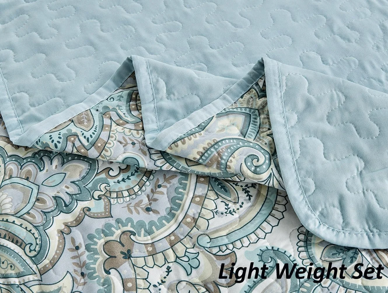 روتختی سه تکه طرح چاپی بزرگ Grand Linen (300x241 سانتی متر) دو رو، مناسب تخت کالیفرنیا کینگ سایز (آبی روشن، خاکستری، طرح بته جقه)