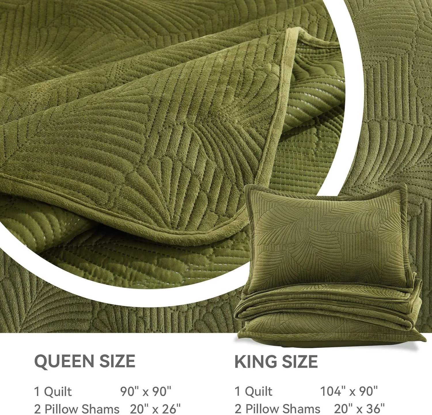 ست لحاف مخملی گرسیکس سایز کینگ، ست روتختی سبک وزن تابستانی 3 تکه، روتختی زیتونی سبز نرم لوکس با 2 روبالشی، رو تختی اولتراسونیک قابل تنفس برای تخت، مناسب تمام فصول