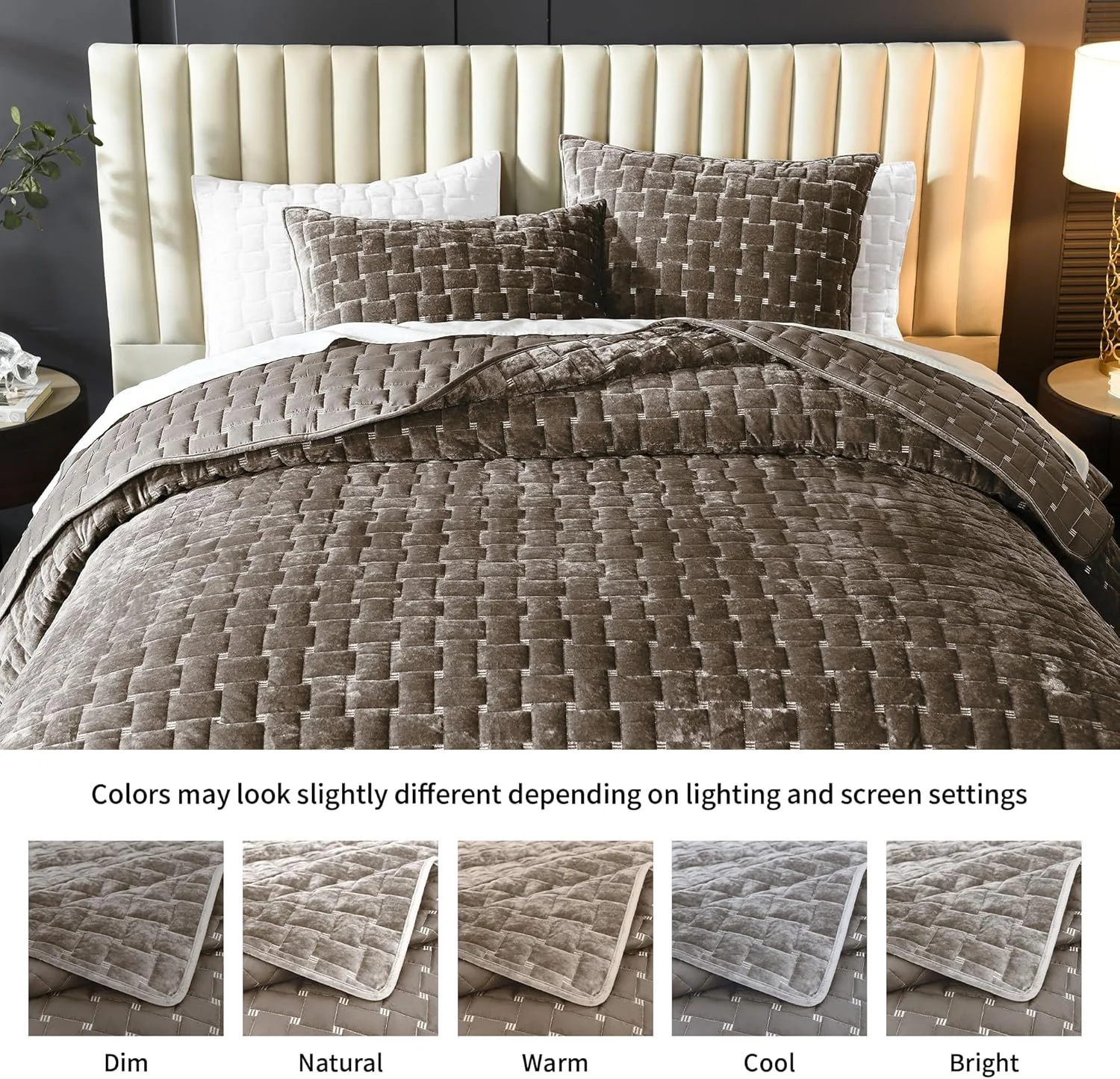 ست لحاف مخملی لوکس Grassix سایز کینگ، 3 تکه لحاف مخملی سبک وزن با روبالشتی، روتختی طرح دار هندسی مناسب تمام فصول، قهوه ای موکا، 274x244 سانتی متر