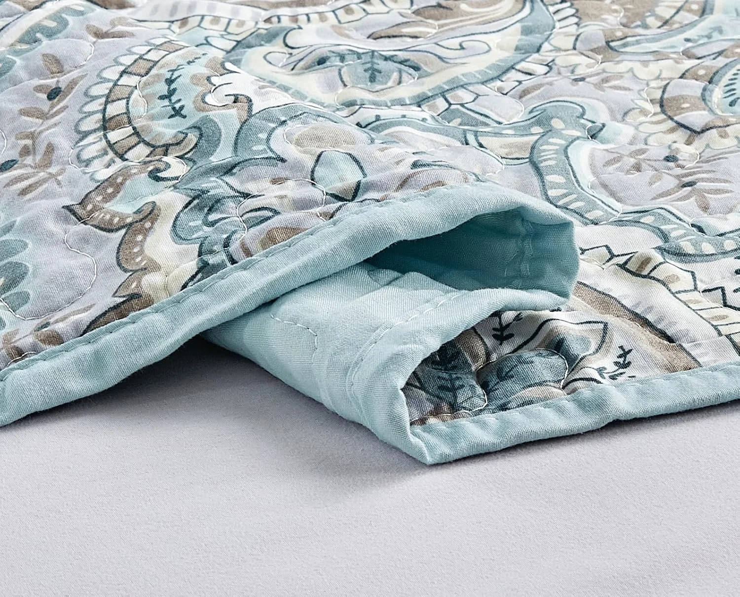 روتختی سه تکه طرح چاپی بزرگ Grand Linen (300x241 سانتی متر) دو رو، مناسب تخت کالیفرنیا کینگ سایز (آبی روشن، خاکستری، طرح بته جقه)