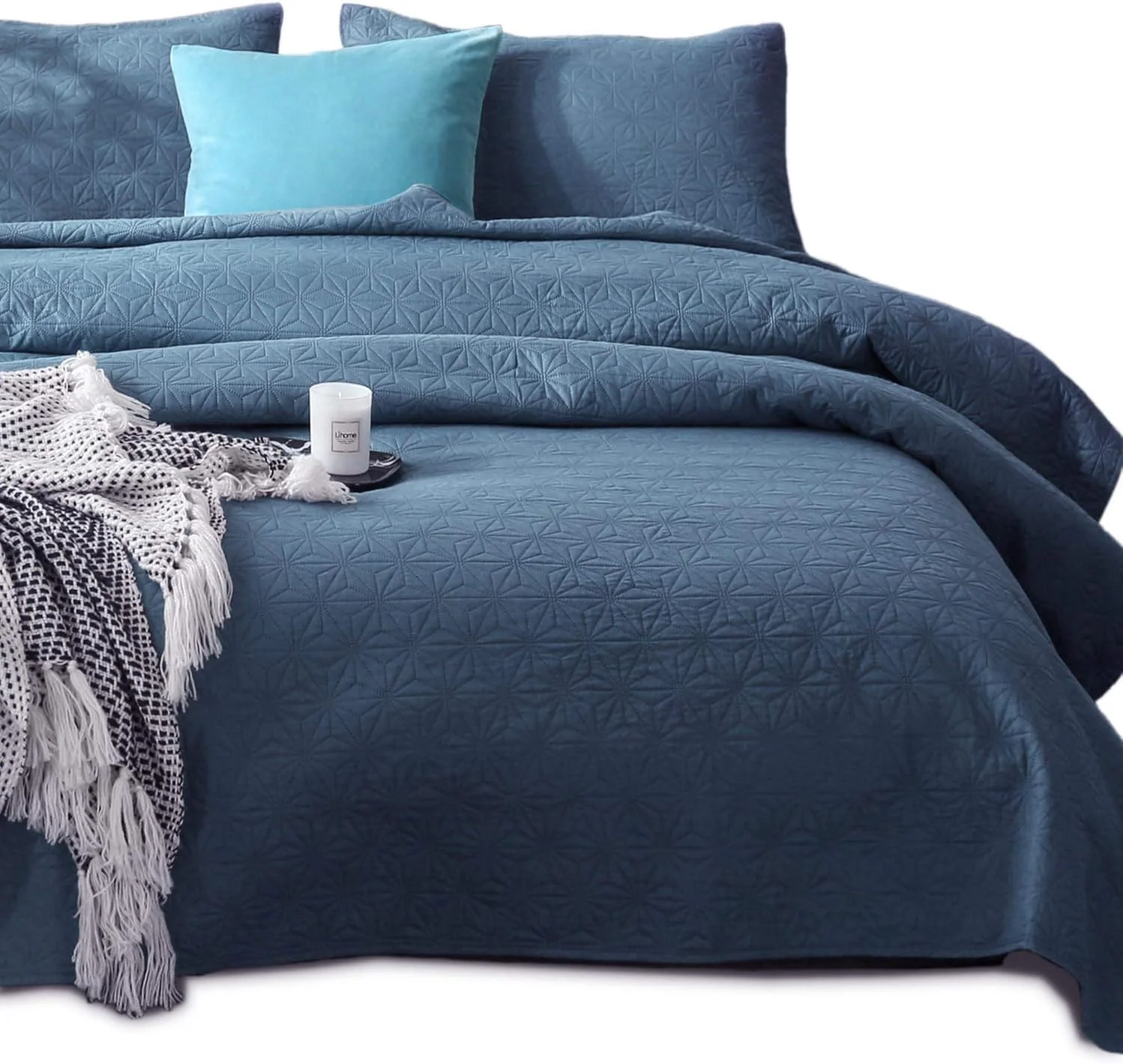 ست رو تختی لحافی KASENTEX - پیش شسته شده - ملحفه نرم و گرم میکروفیبر لوکس - روتختی رنگ ثابت - طراحی مدرن، یک نفره + 1 روبالشتی، Natural Bluestone Star