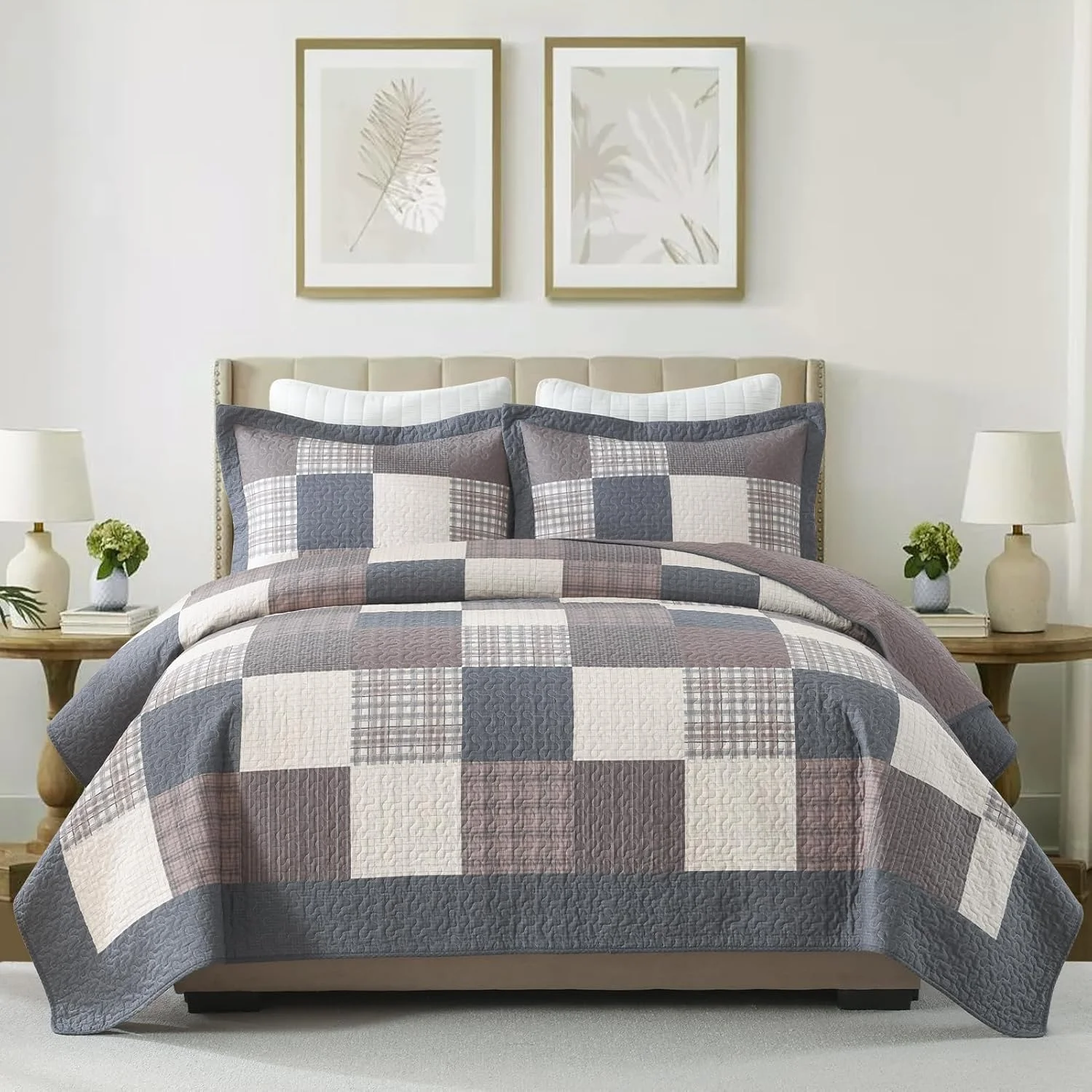 روتختی کینگ سایز طرح مزرعه KALOOLA - ست روتختی لحافی سبک وزن 100% پنبه ای 3 تکه، روتختی طرح چهارخانه کلبه ای با 2 روبالشی، رو تختی دو رو برای تمام فصول، خاکستری/قهوه ای/بژ