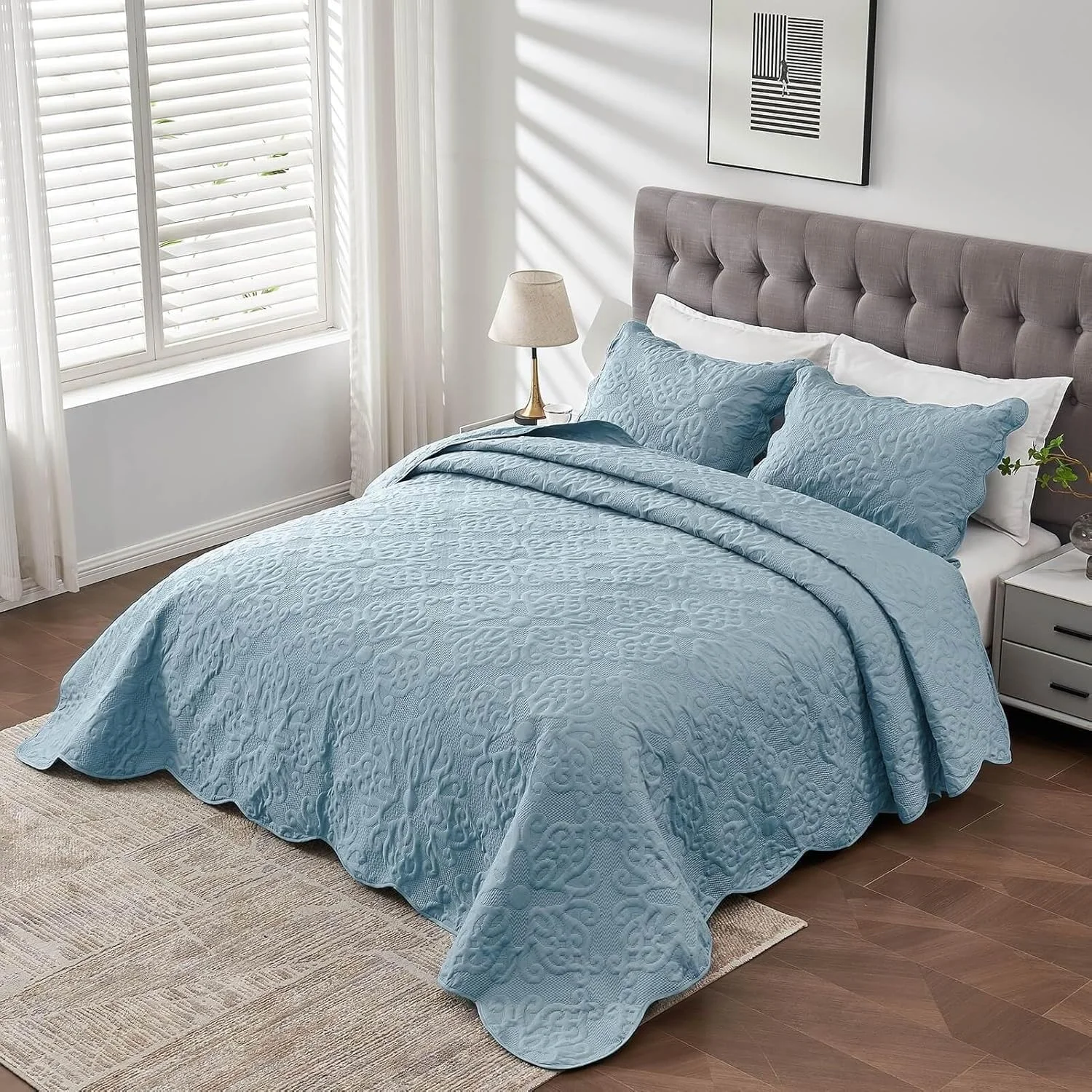 رو تختی کینگ سایز بزرگ Kingnex ابعاد 305x300 مناسب کالیفرنیا کینگ/تخت کینگ، ست لحاف سبک وزن و سه تکه شامل 1 لحاف و 2 روبالشی، آبی اسپا