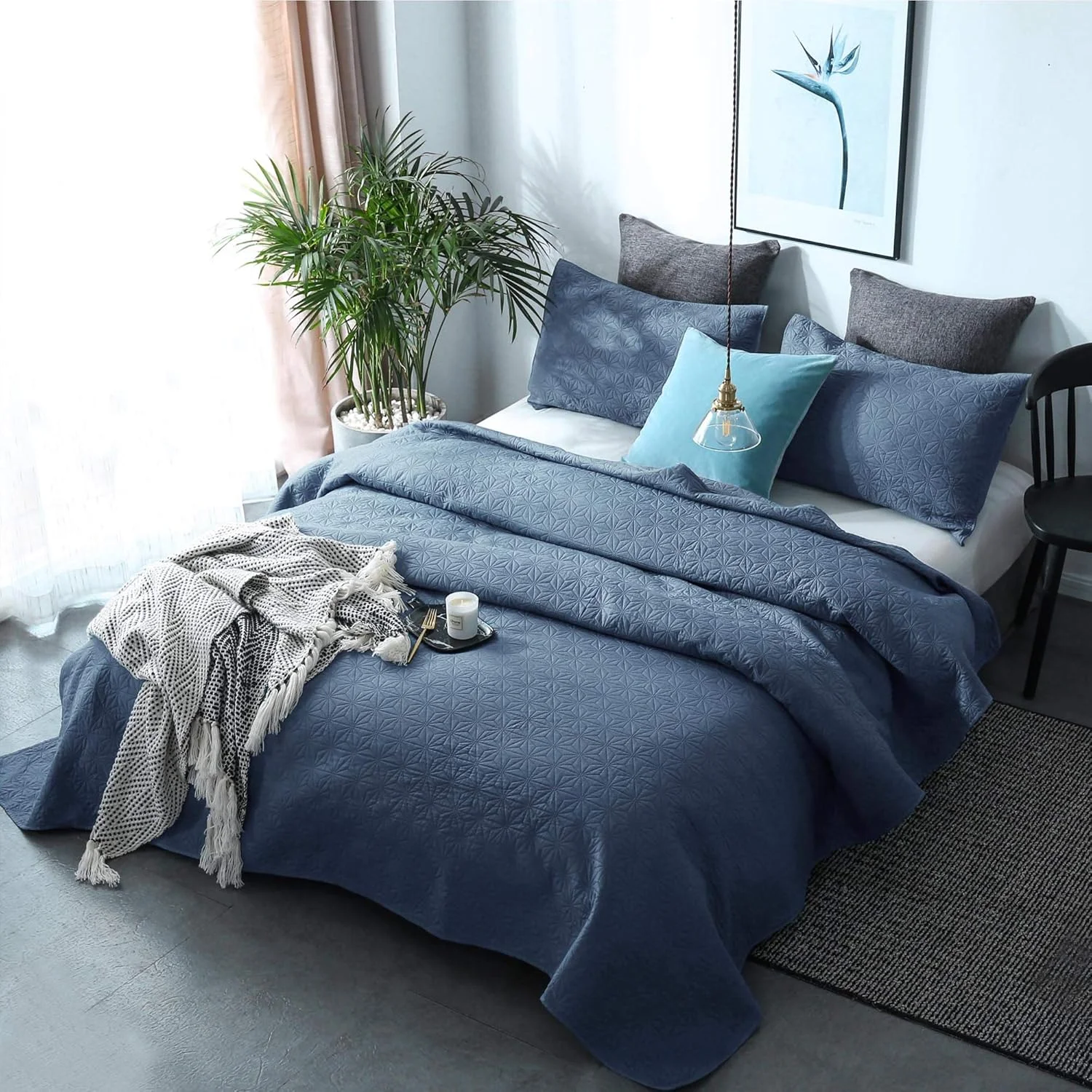 ست رو تختی لحافی KASENTEX - پیش شسته شده - ملحفه نرم و گرم میکروفیبر لوکس - روتختی رنگ ثابت - طراحی مدرن، یک نفره + 1 روبالشتی، Natural Bluestone Star