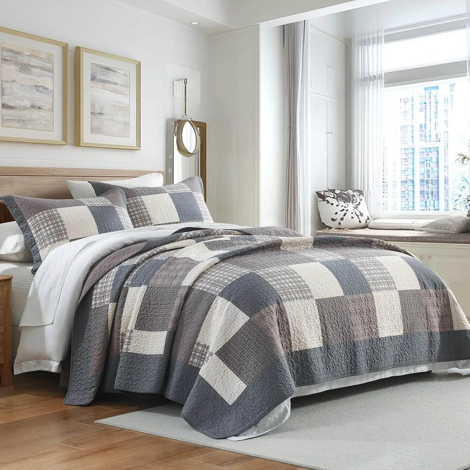 روتختی کینگ سایز طرح مزرعه KALOOLA - ست روتختی لحافی سبک وزن 100% پنبه ای 3 تکه، روتختی طرح چهارخانه کلبه ای با 2 روبالشی، رو تختی دو رو برای تمام فصول، خاکستری/قهوه ای/بژ