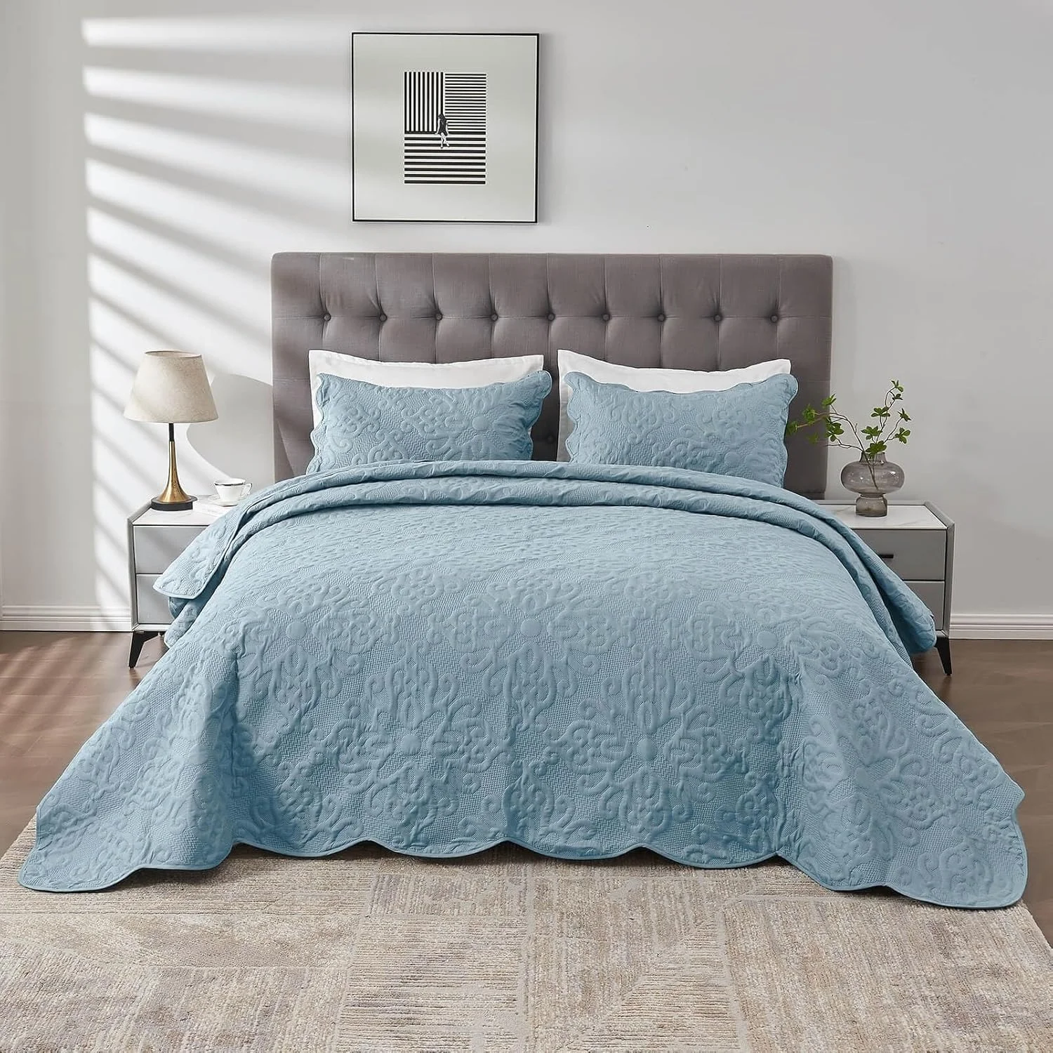 رو تختی کینگ سایز بزرگ Kingnex ابعاد 305x300 مناسب کالیفرنیا کینگ/تخت کینگ، ست لحاف سبک وزن و سه تکه شامل 1 لحاف و 2 روبالشی، آبی اسپا