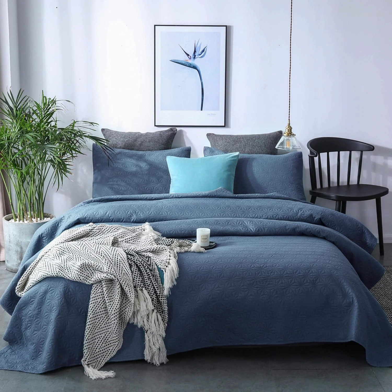 ست رو تختی لحافی KASENTEX - پیش شسته شده - ملحفه نرم و گرم میکروفیبر لوکس - روتختی رنگ ثابت - طراحی مدرن، یک نفره + 1 روبالشتی، Natural Bluestone Star