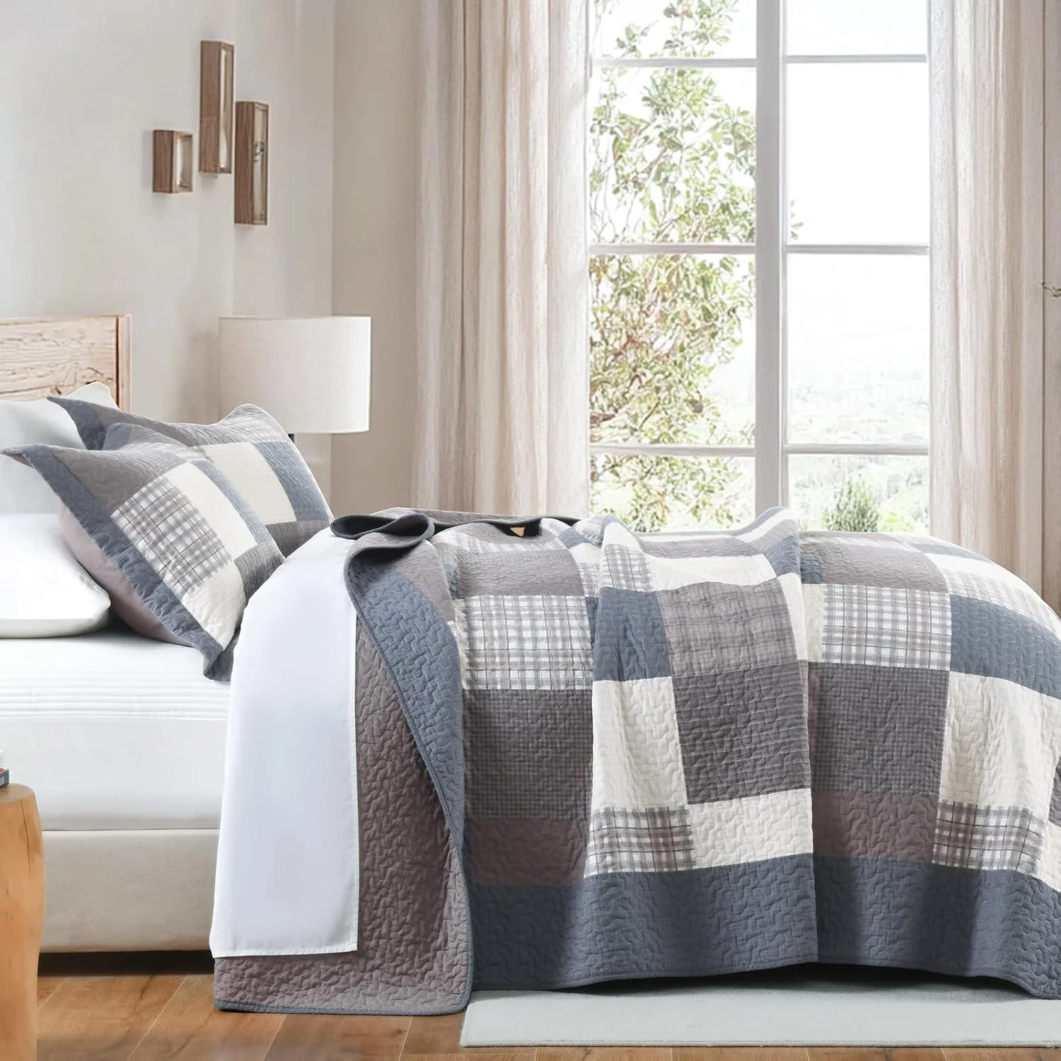 روتختی کینگ سایز طرح مزرعه KALOOLA - ست روتختی لحافی سبک وزن 100% پنبه ای 3 تکه، روتختی طرح چهارخانه کلبه ای با 2 روبالشی، رو تختی دو رو برای تمام فصول، خاکستری/قهوه ای/بژ