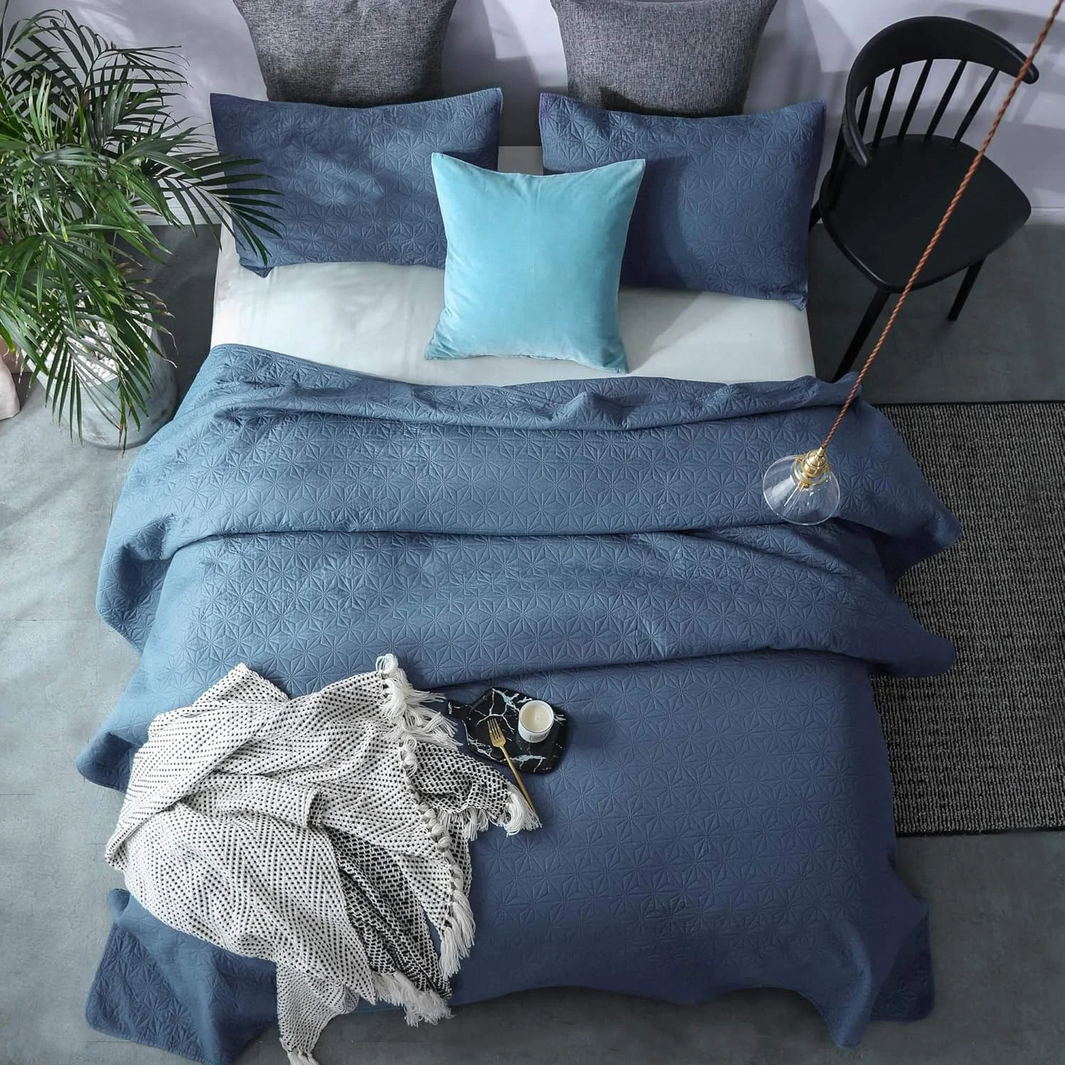 ست رو تختی لحافی KASENTEX - پیش شسته شده - ملحفه نرم و گرم میکروفیبر لوکس - روتختی رنگ ثابت - طراحی مدرن، یک نفره + 1 روبالشتی، Natural Bluestone Star