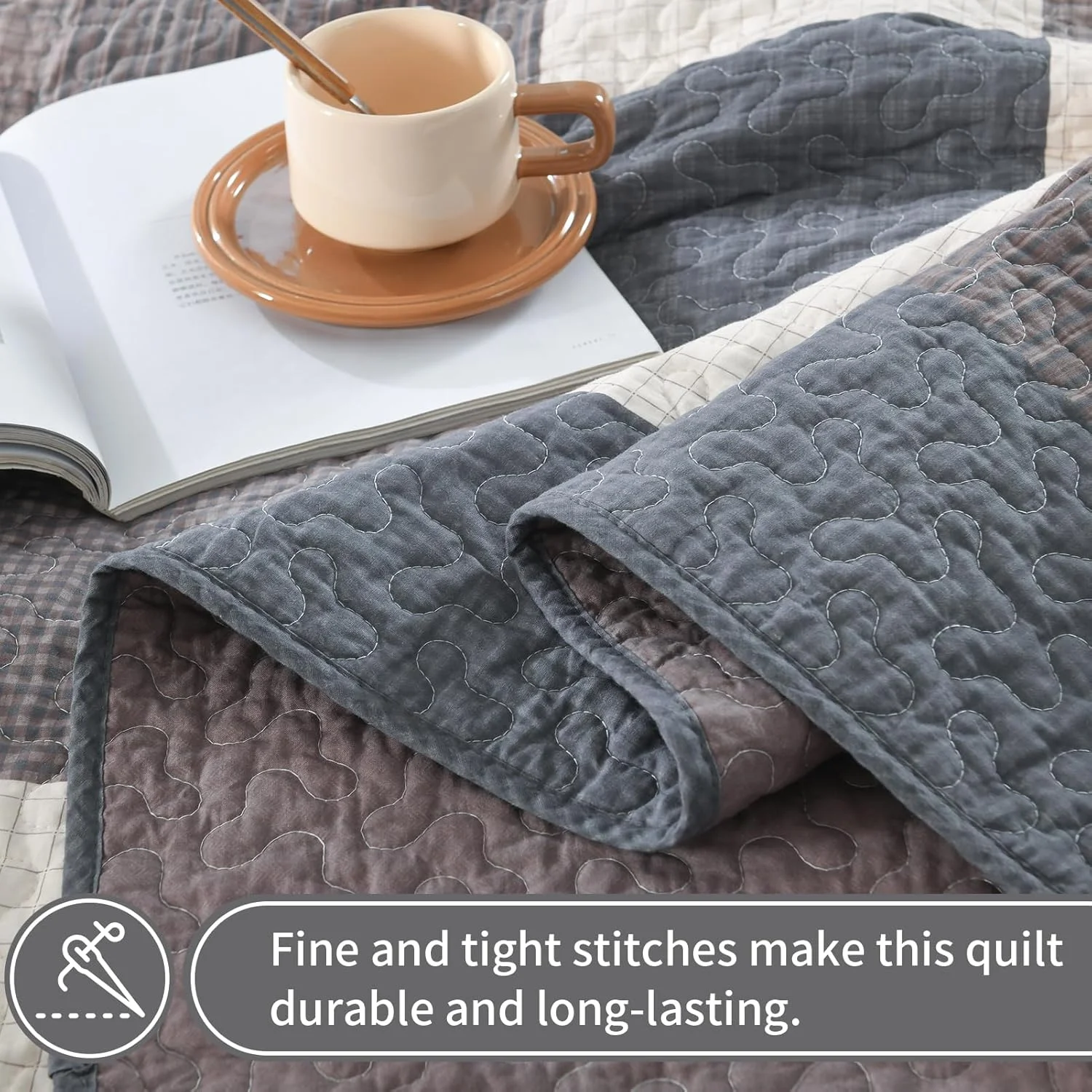 روتختی کینگ سایز طرح مزرعه KALOOLA - ست روتختی لحافی سبک وزن 100% پنبه ای 3 تکه، روتختی طرح چهارخانه کلبه ای با 2 روبالشی، رو تختی دو رو برای تمام فصول، خاکستری/قهوه ای/بژ