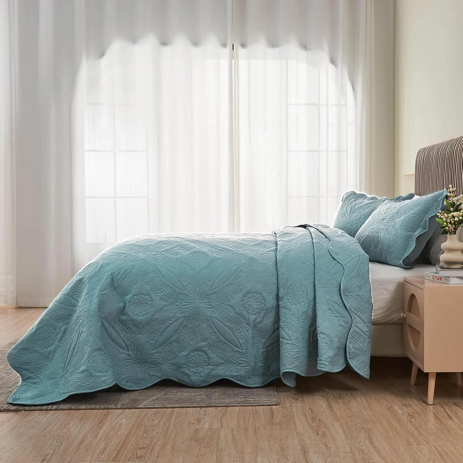 روتختی کینگ سایز بزرگ Kingnex ابعاد 325x305 مناسب تخت های کینگ یا کالیفرنیا کینگ فوق عریض و بلند، ست رو تختی لحافی سه تکه شامل 1 لحاف و 2 روبالشتی، آبی