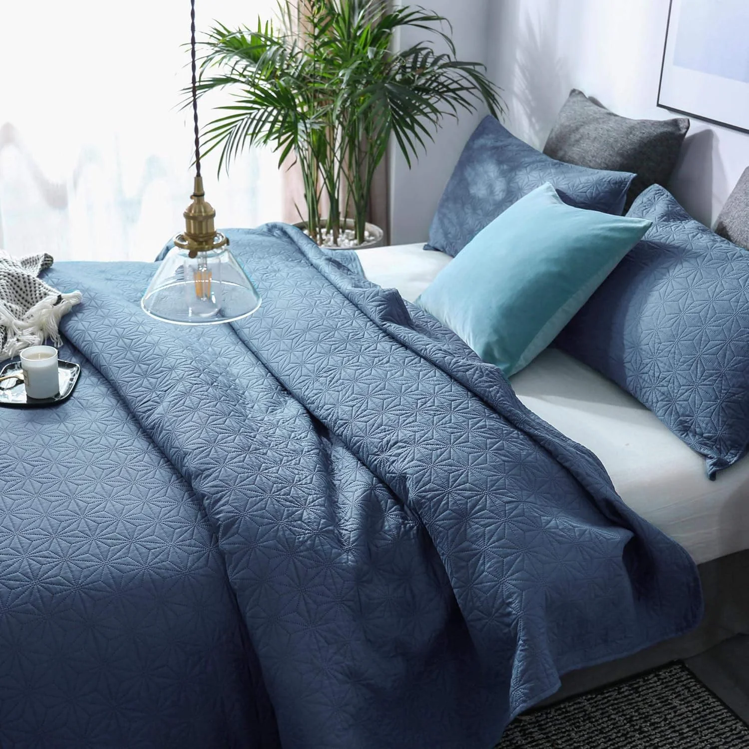 ست رو تختی لحافی KASENTEX - پیش شسته شده - ملحفه نرم و گرم میکروفیبر لوکس - روتختی رنگ ثابت - طراحی مدرن، یک نفره + 1 روبالشتی، Natural Bluestone Star