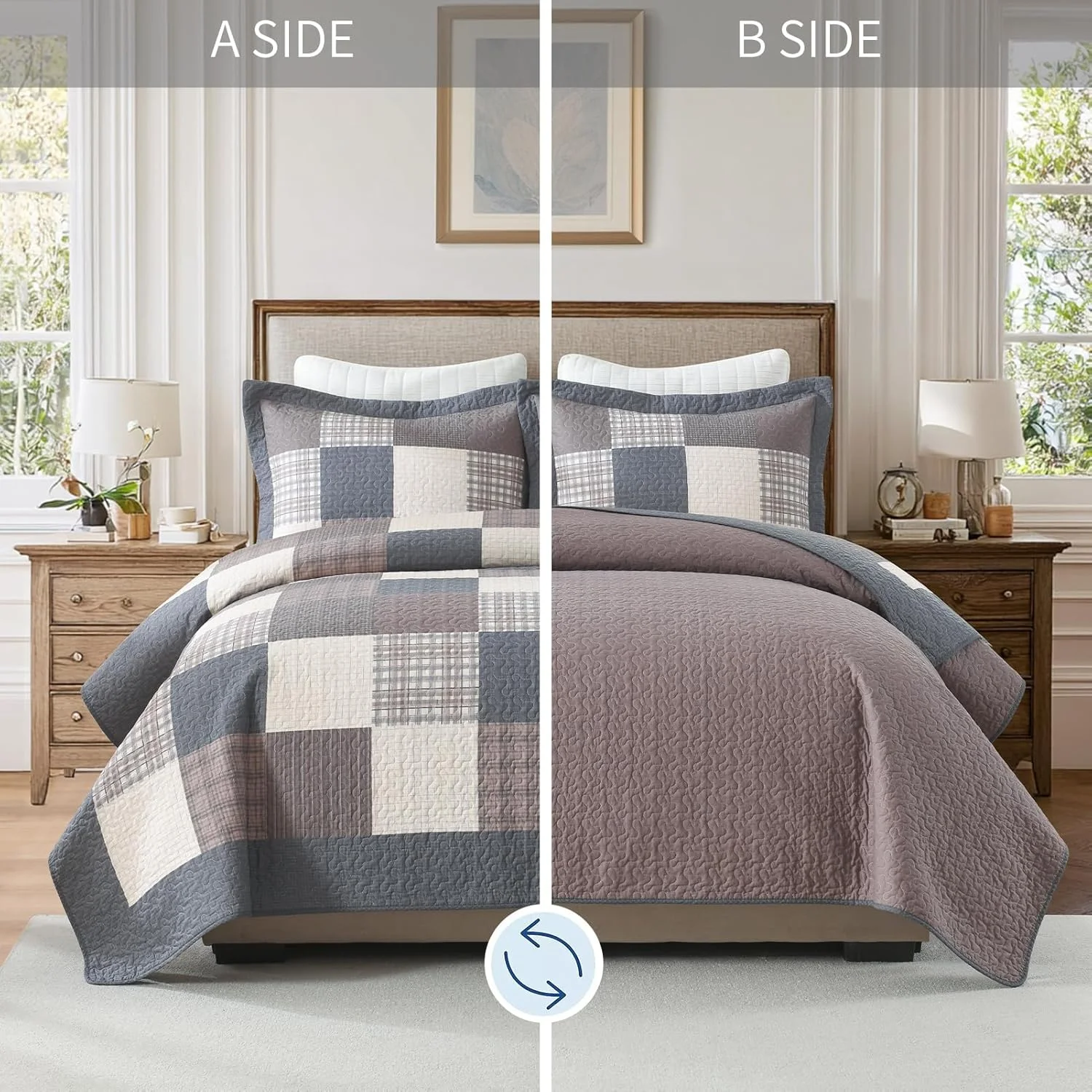 روتختی کینگ سایز طرح مزرعه KALOOLA - ست روتختی لحافی سبک وزن 100% پنبه ای 3 تکه، روتختی طرح چهارخانه کلبه ای با 2 روبالشی، رو تختی دو رو برای تمام فصول، خاکستری/قهوه ای/بژ