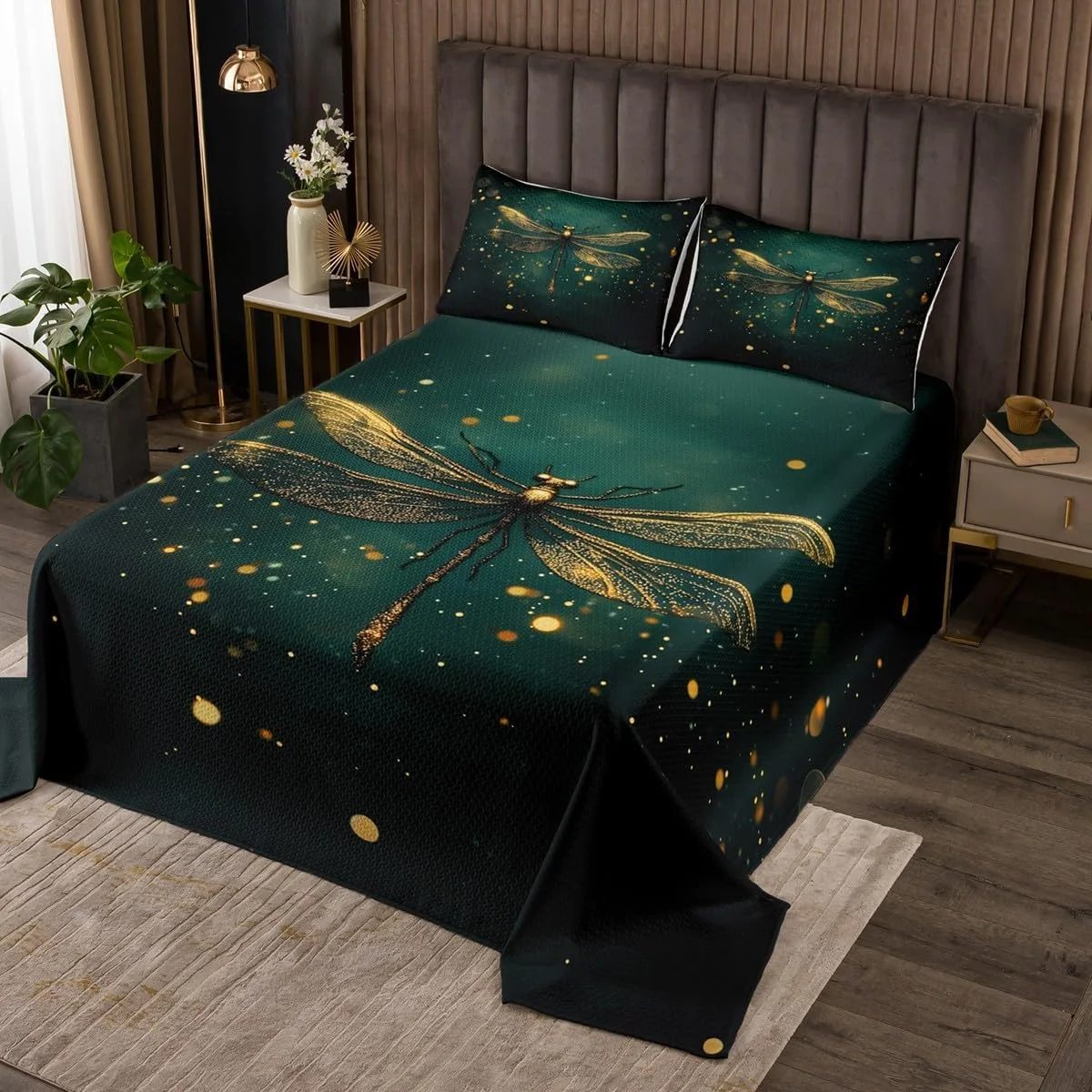 روتختی طرح سنجاقک jejeloiu سایز کینگ، هدیه برای زنان، ست روتختی برای کودکان، دختران، پسران، نوجوانان، روتختی لحافی طرح حیوانات، لحافی سبز طلایی با 2 روبالشتی
