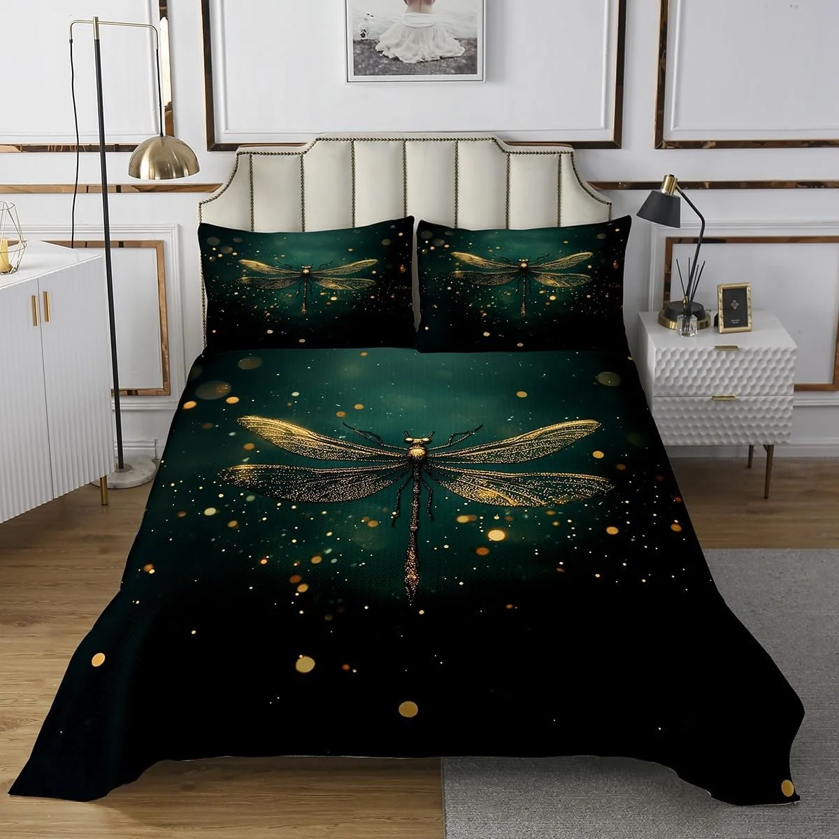روتختی طرح سنجاقک jejeloiu سایز کینگ، هدیه برای زنان، ست روتختی برای کودکان، دختران، پسران، نوجوانان، روتختی لحافی طرح حیوانات، لحافی سبز طلایی با 2 روبالشتی